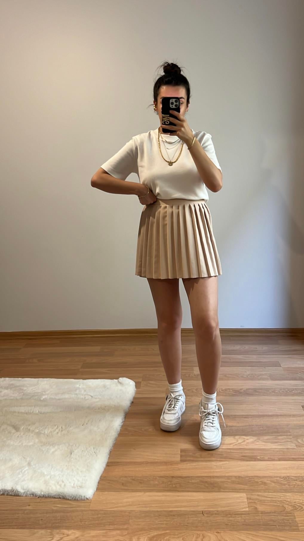 BEJ PİLELİ ŞORT ETEK