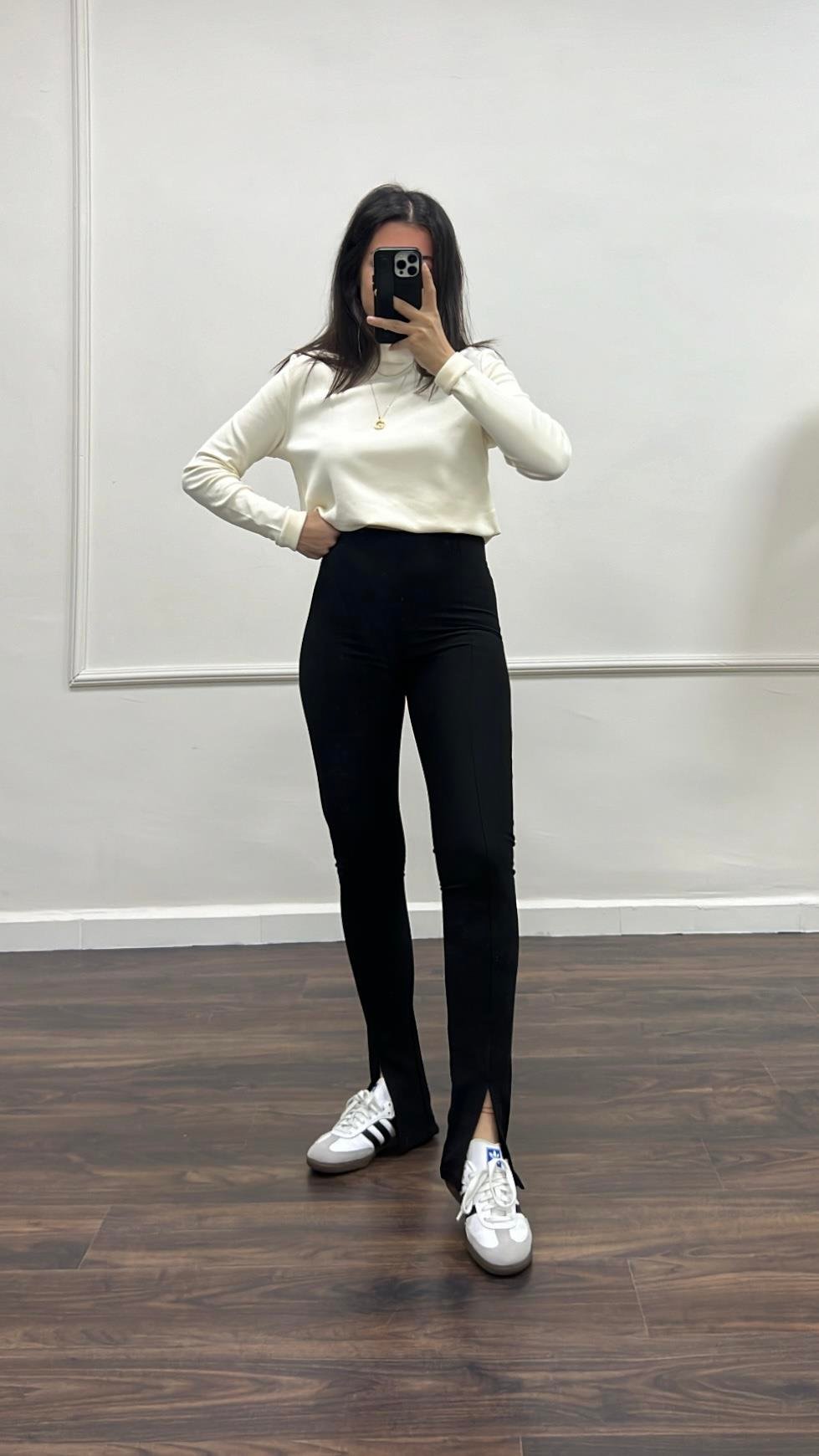 Bersk Siyah Paça Detay Çelik Örme Tayt Pantolon