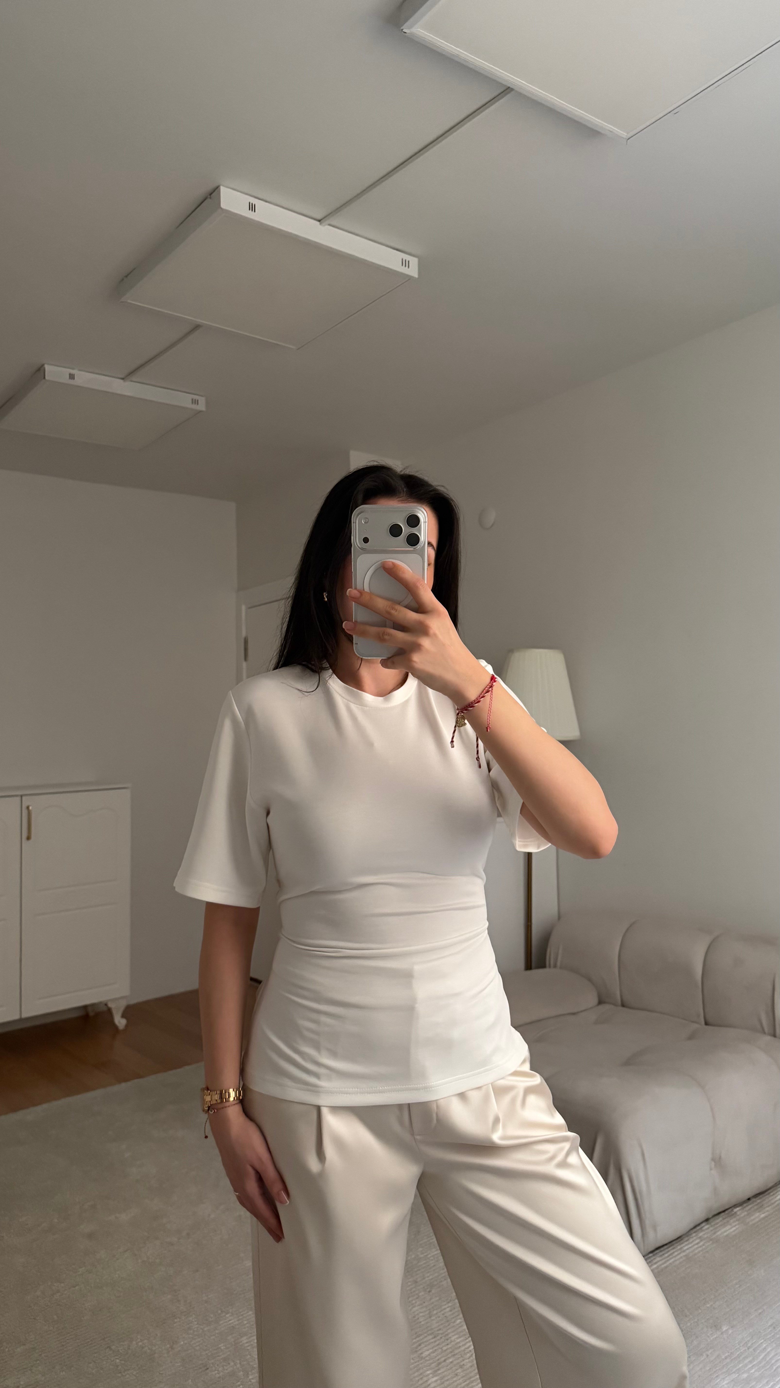 Beyaz Basic Bisiklet Yaka Belden Bağlamalı Bluz 