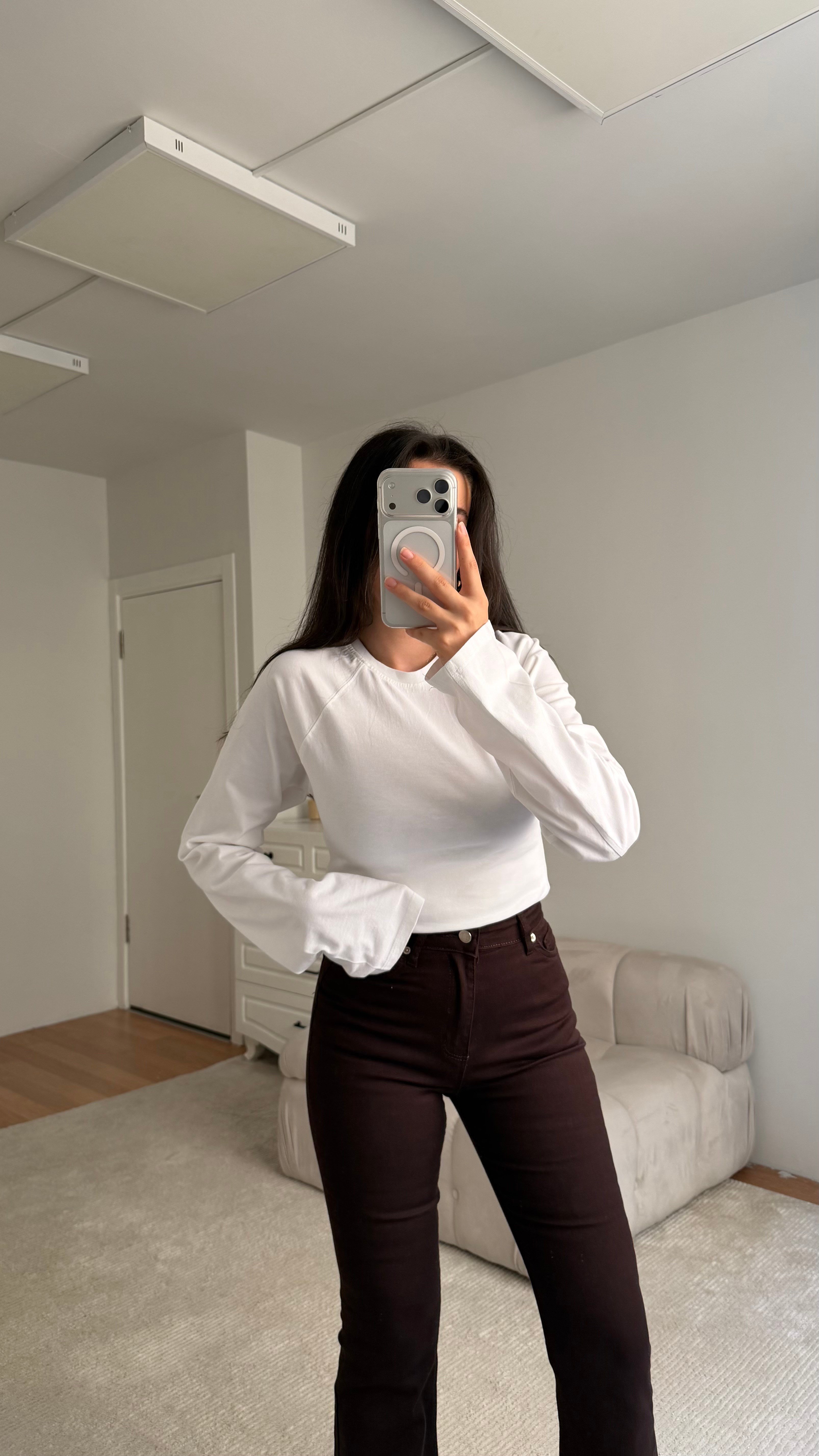 Beyaz Bisiklet Yaka Fermuarlı Dar Kesim Bluz