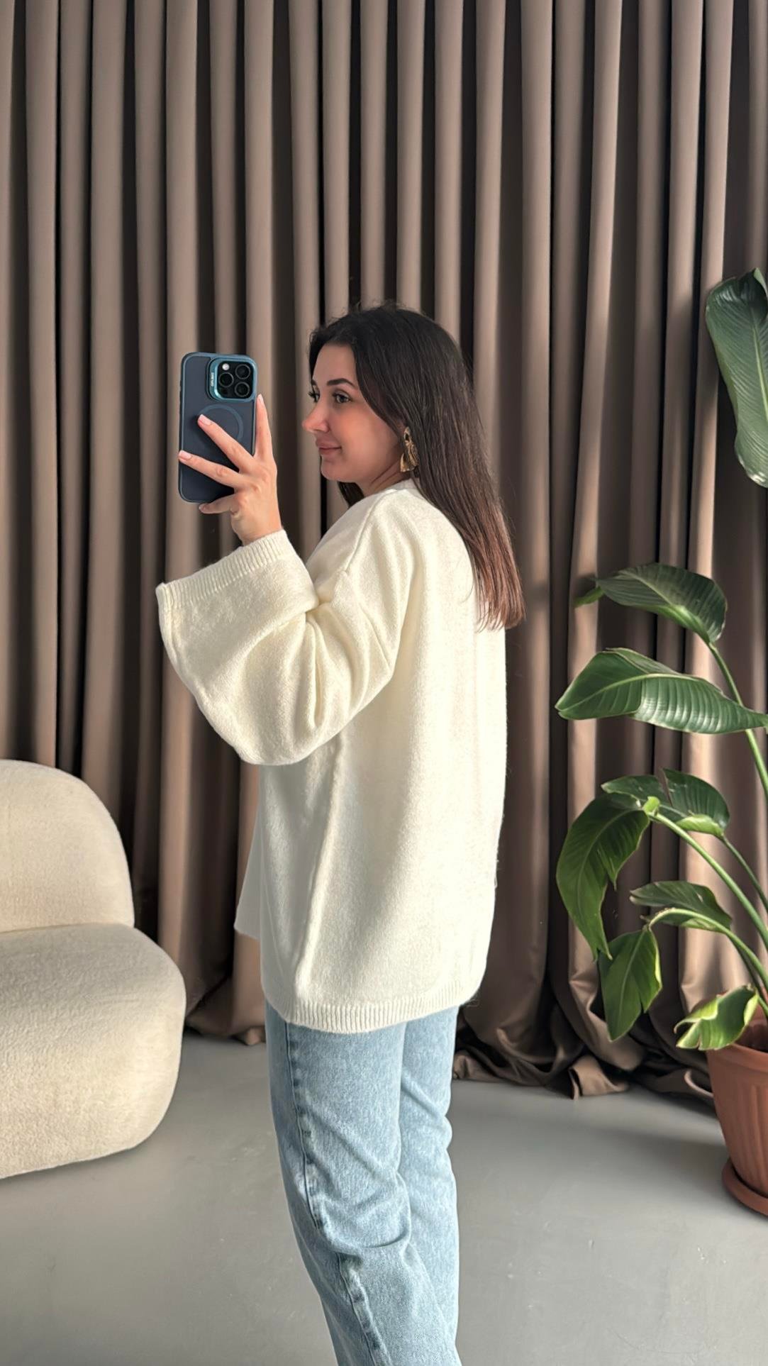 Beyaz Bisiklet Yaka Oversize Triko Kazak