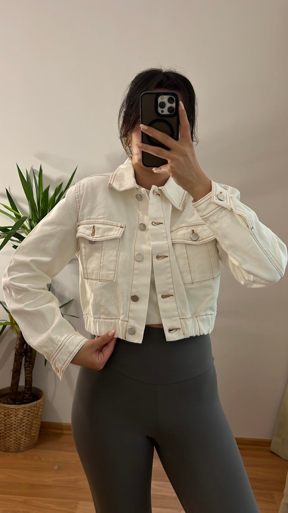 BEYAZ CAMEL DİKİŞ DETAY DENİM CROP CEKET