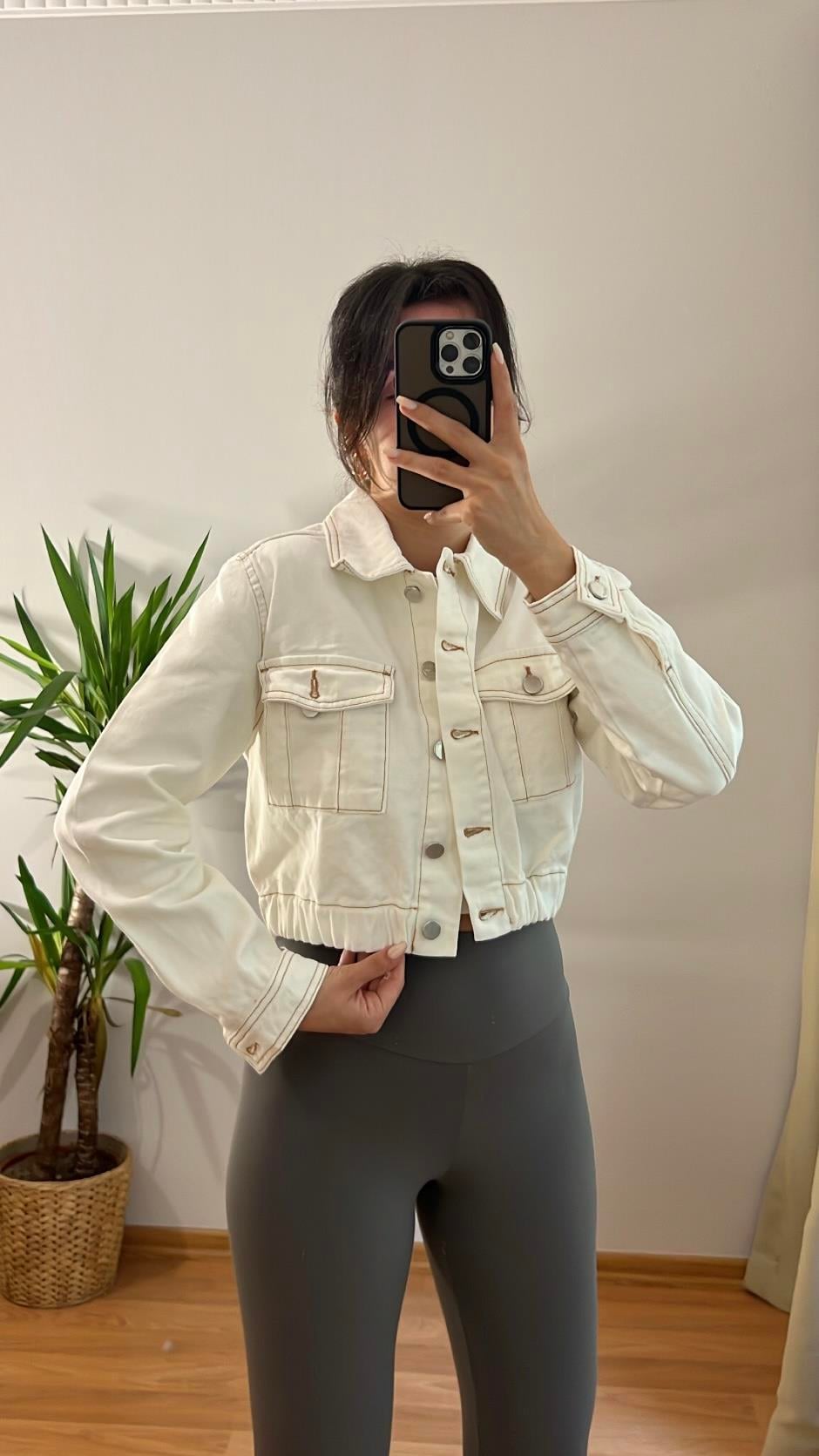 BEYAZ CAMEL DİKİŞ DETAY DENİM CROP CEKET
