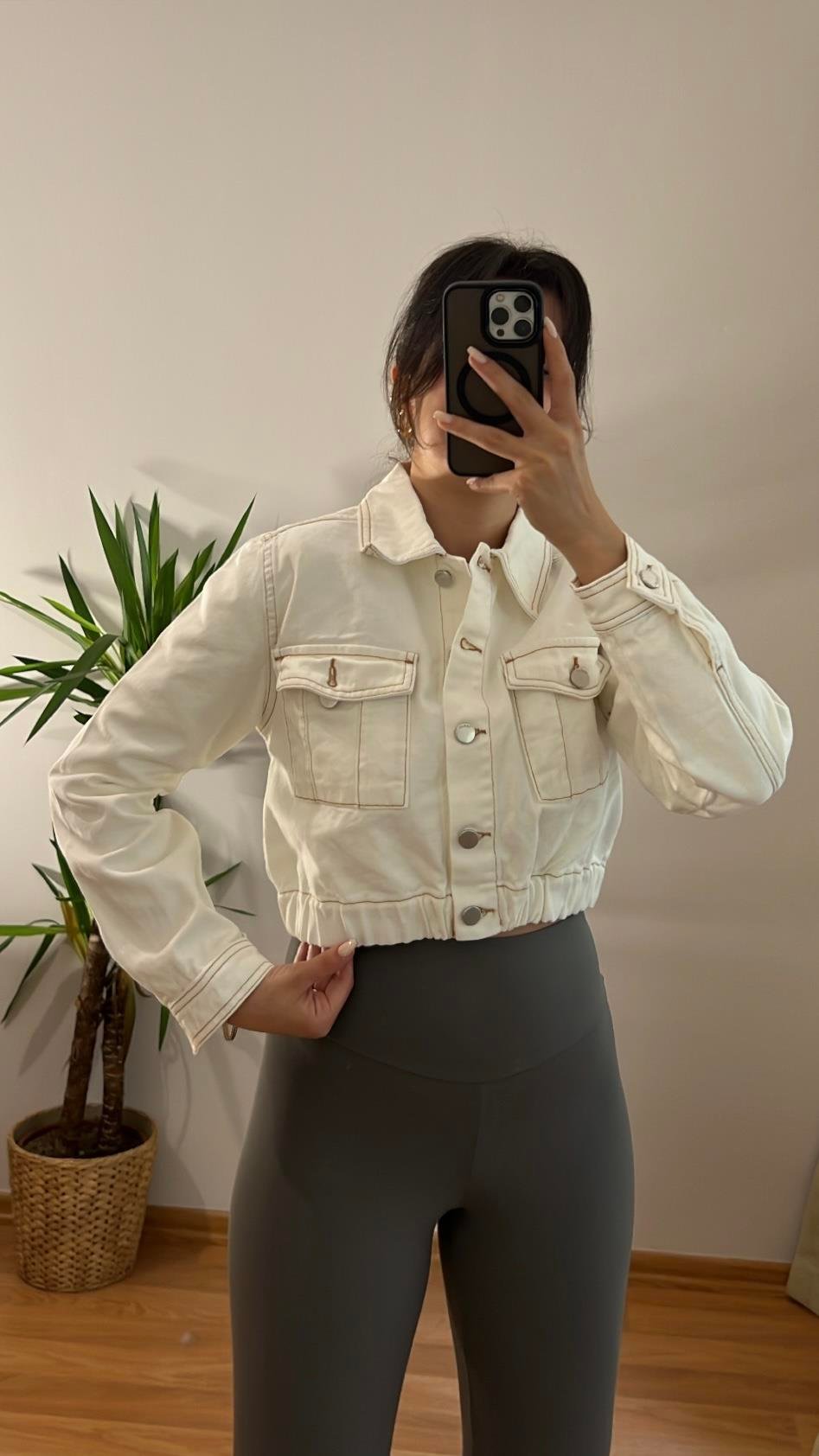 BEYAZ CAMEL DİKİŞ DETAY DENİM CROP CEKET