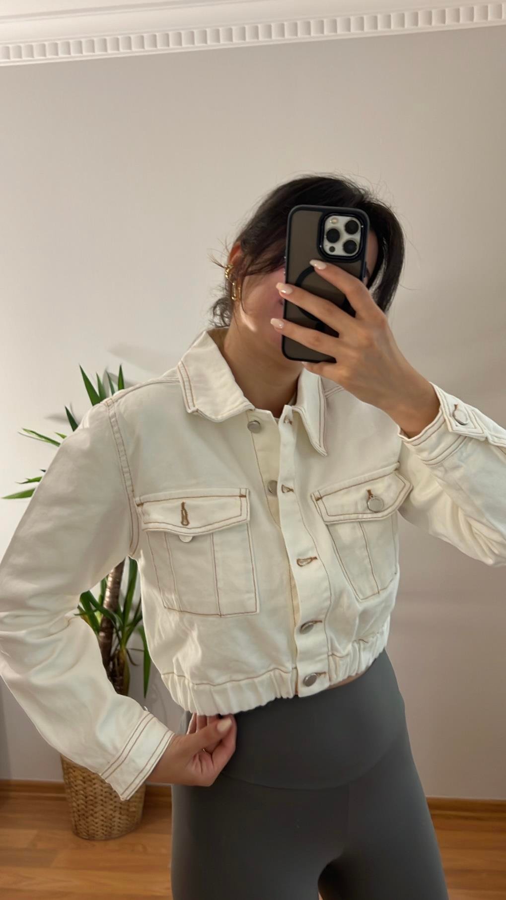 BEYAZ CAMEL DİKİŞ DETAY DENİM CROP CEKET