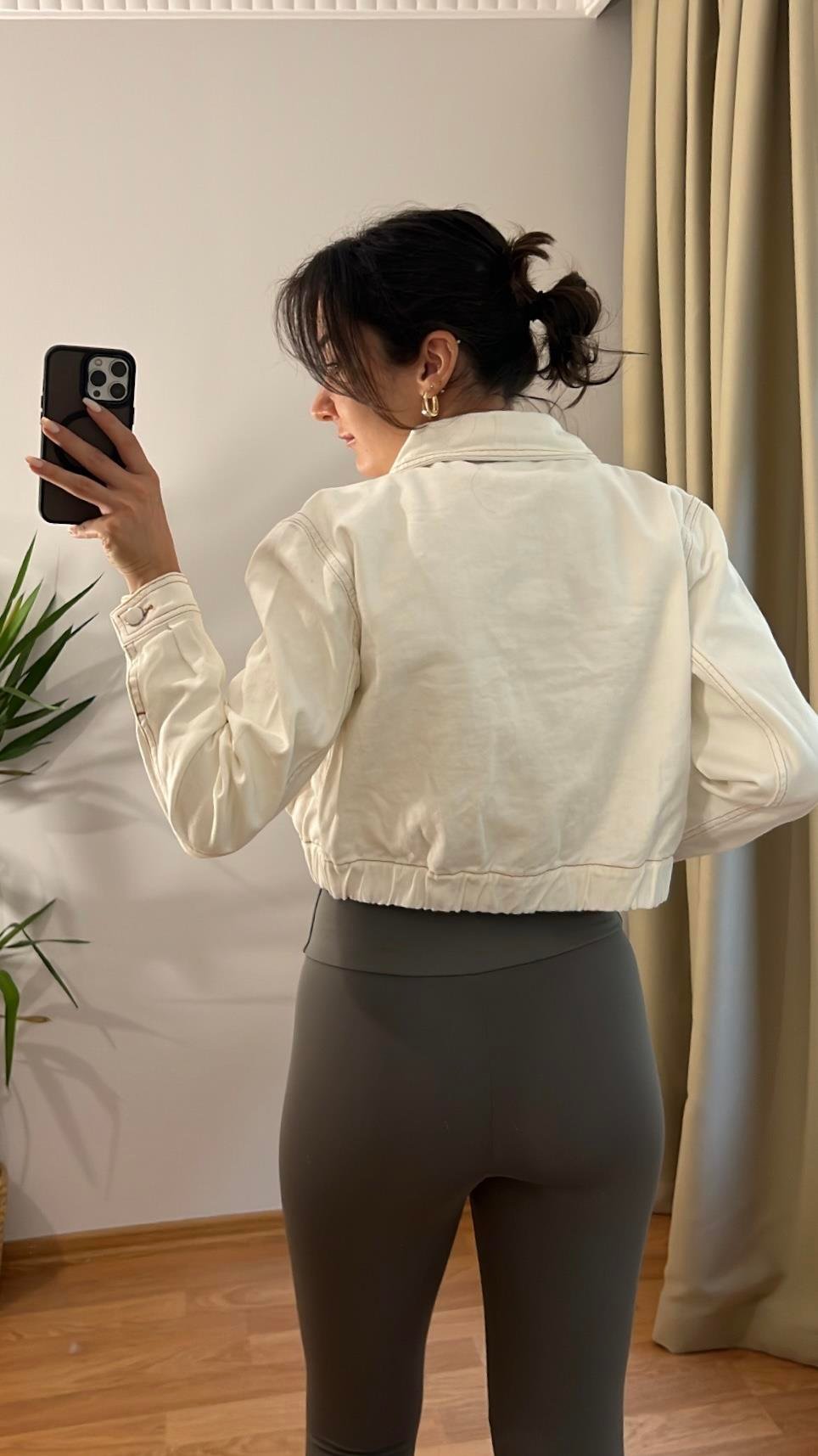 BEYAZ CAMEL DİKİŞ DETAY DENİM CROP CEKET