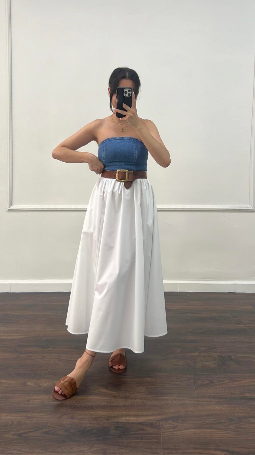 Beyaz Poplin Cepli Midi Etek