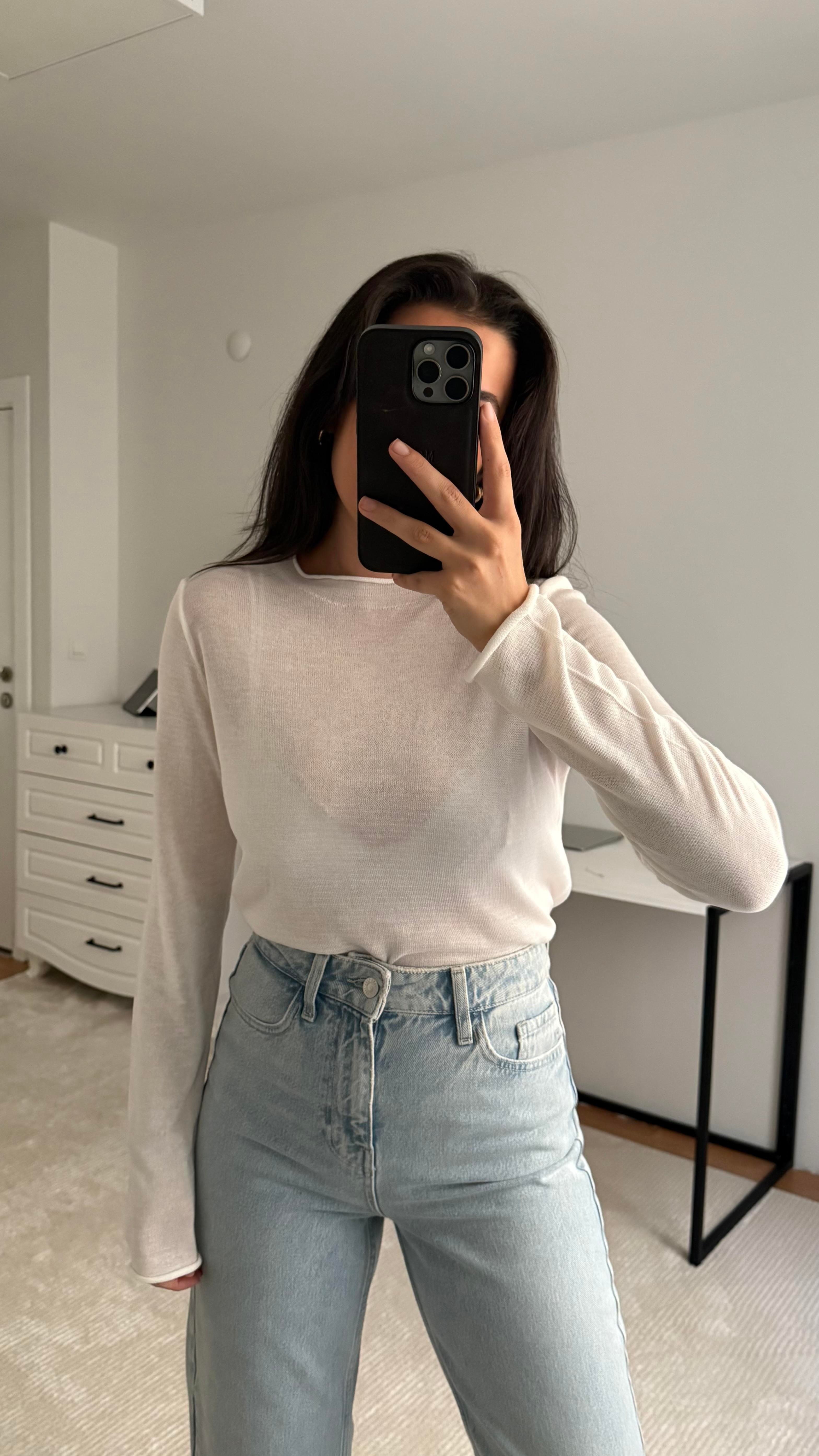 Beyaz Transpatan Triko Örme Bluz