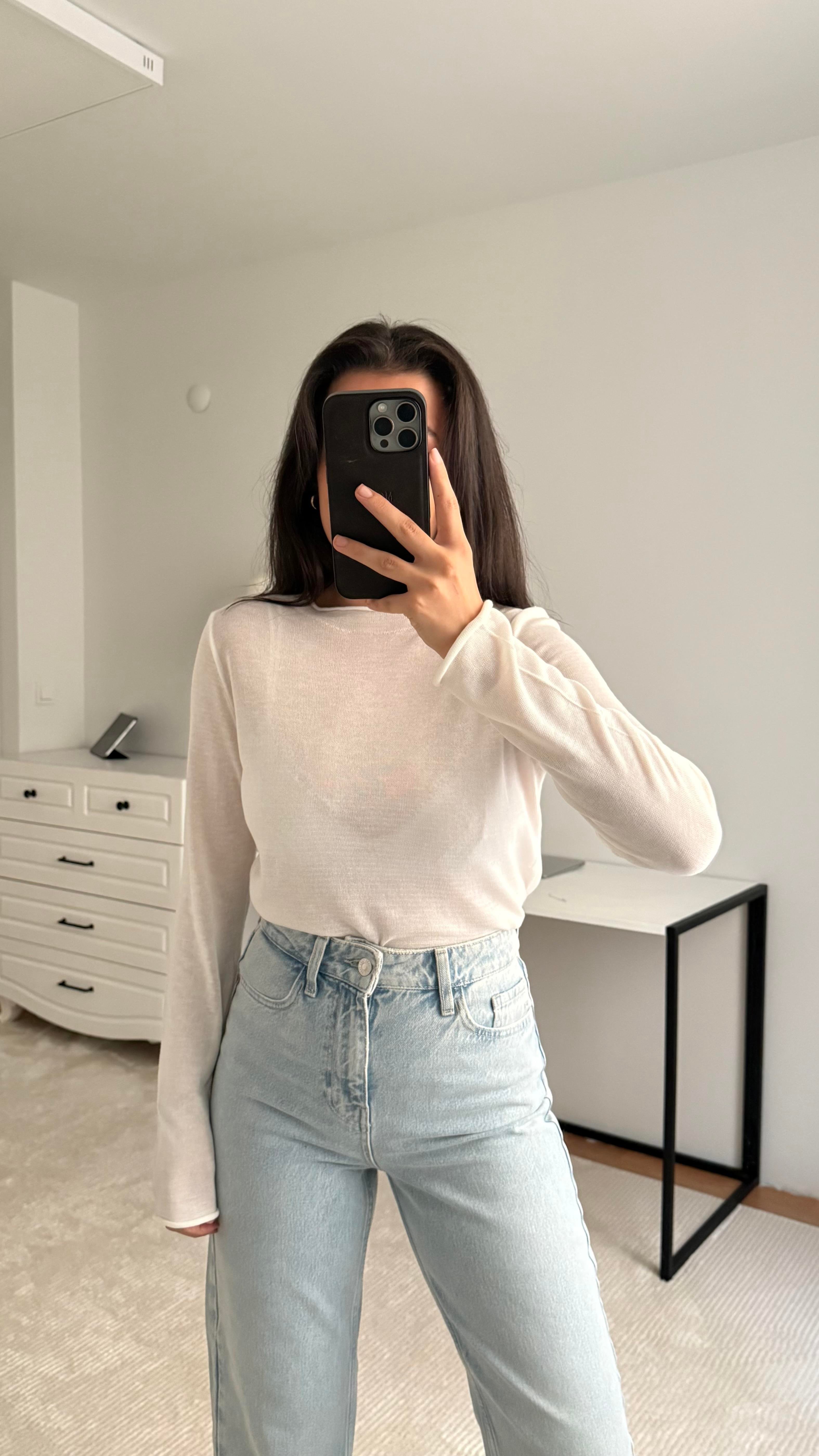 Beyaz Transpatan Triko Örme Bluz