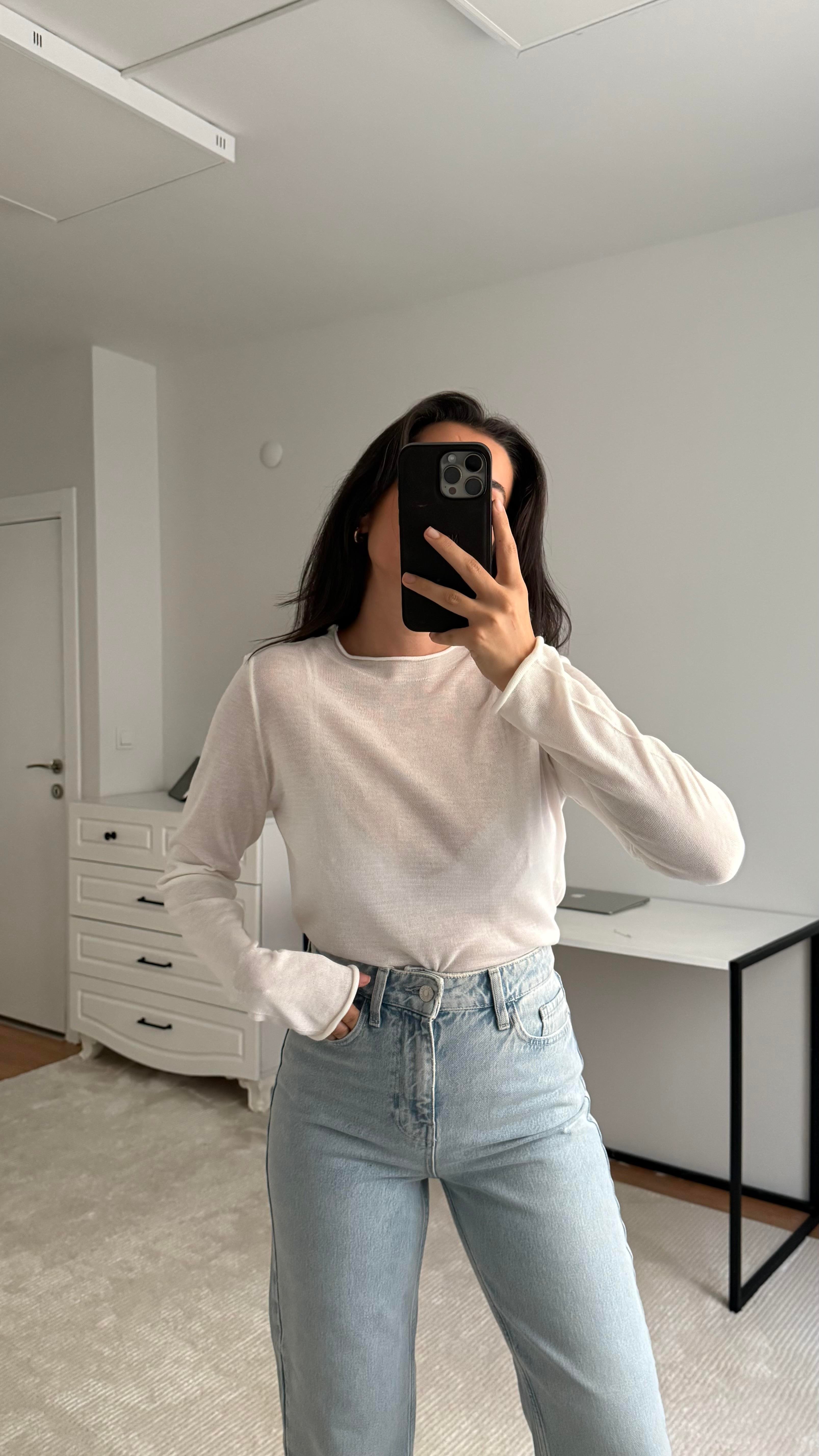 Beyaz Transpatan Triko Örme Bluz