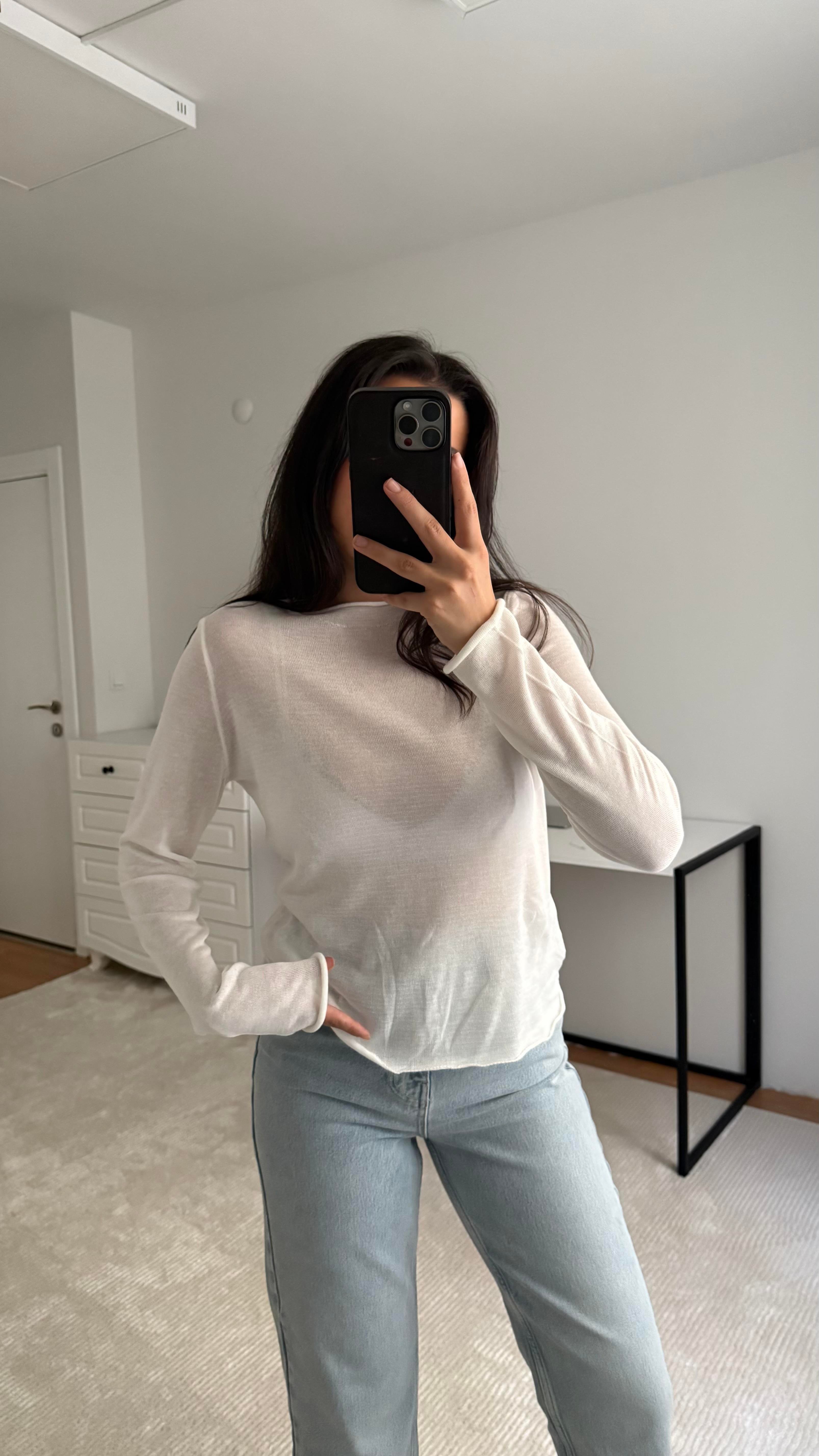 Beyaz Transpatan Triko Örme Bluz