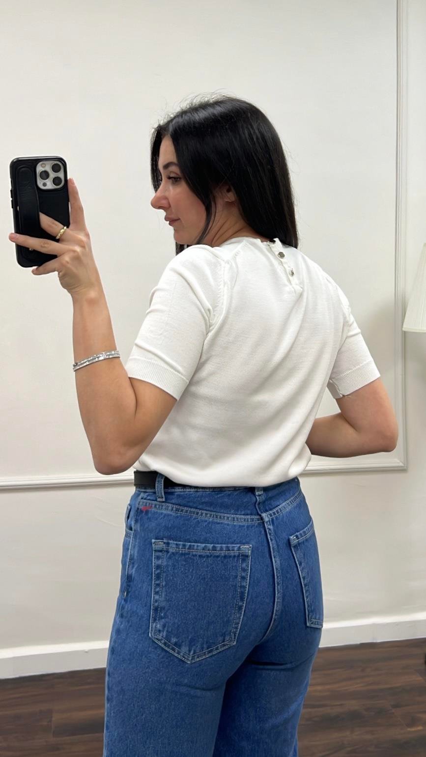 Beyaz Viskon Örme Triko Bluz