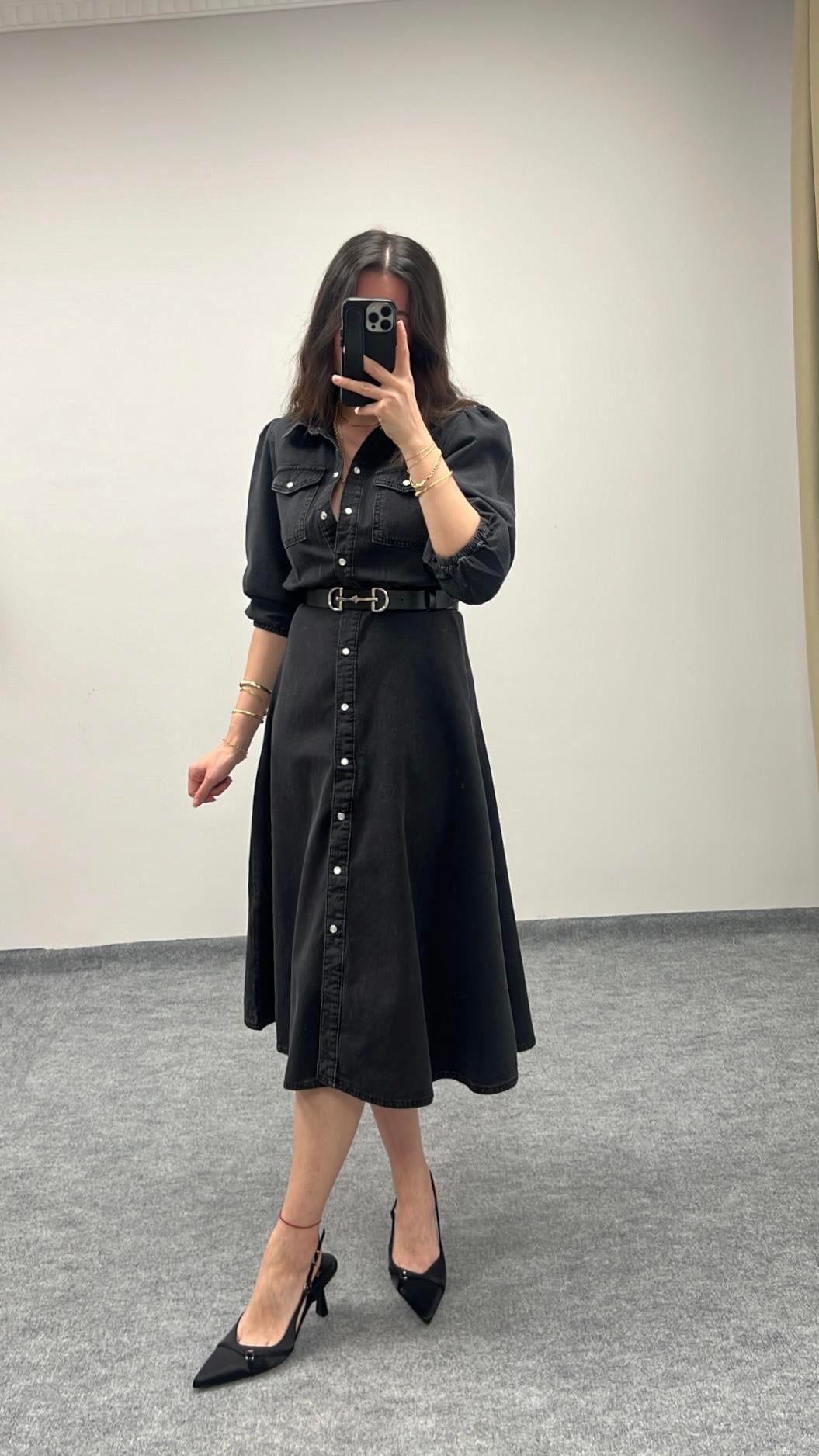 B&H Antrasit Denim Elbise