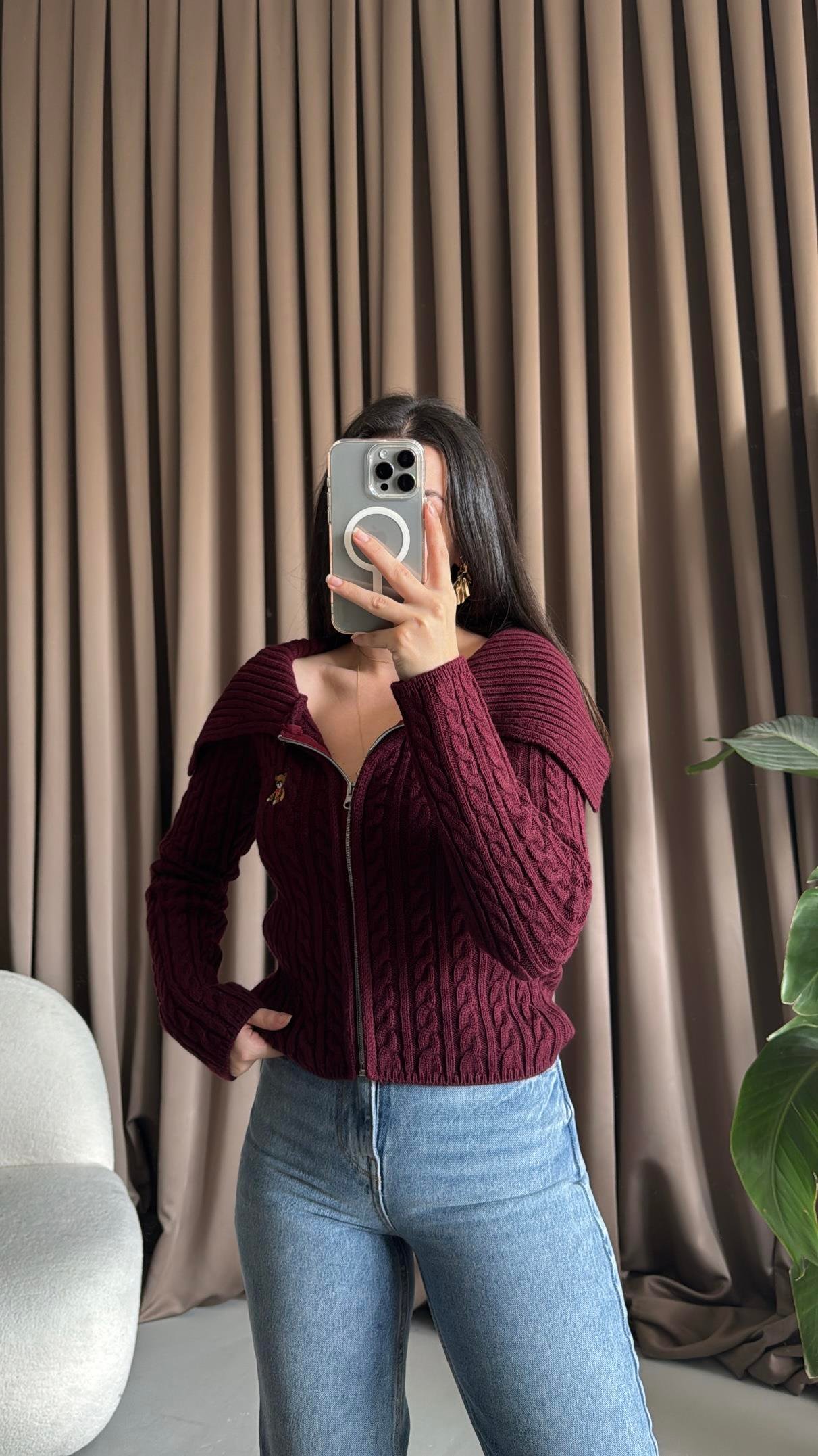 Bordo Ayıcık İşleme Detaylı Saç Örme Hırka