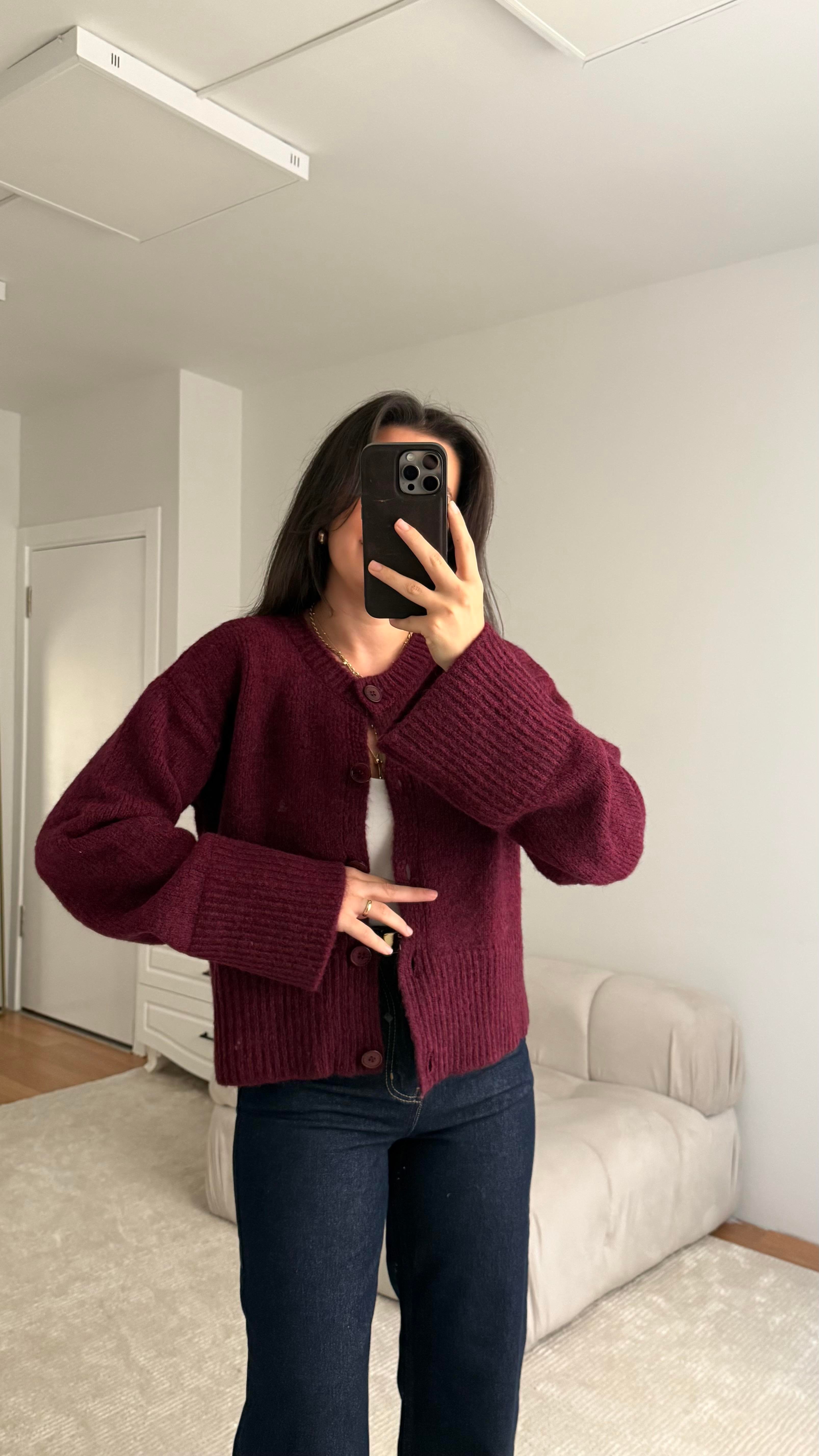 Bordo Bisiklet Yaka Basıc Hırka