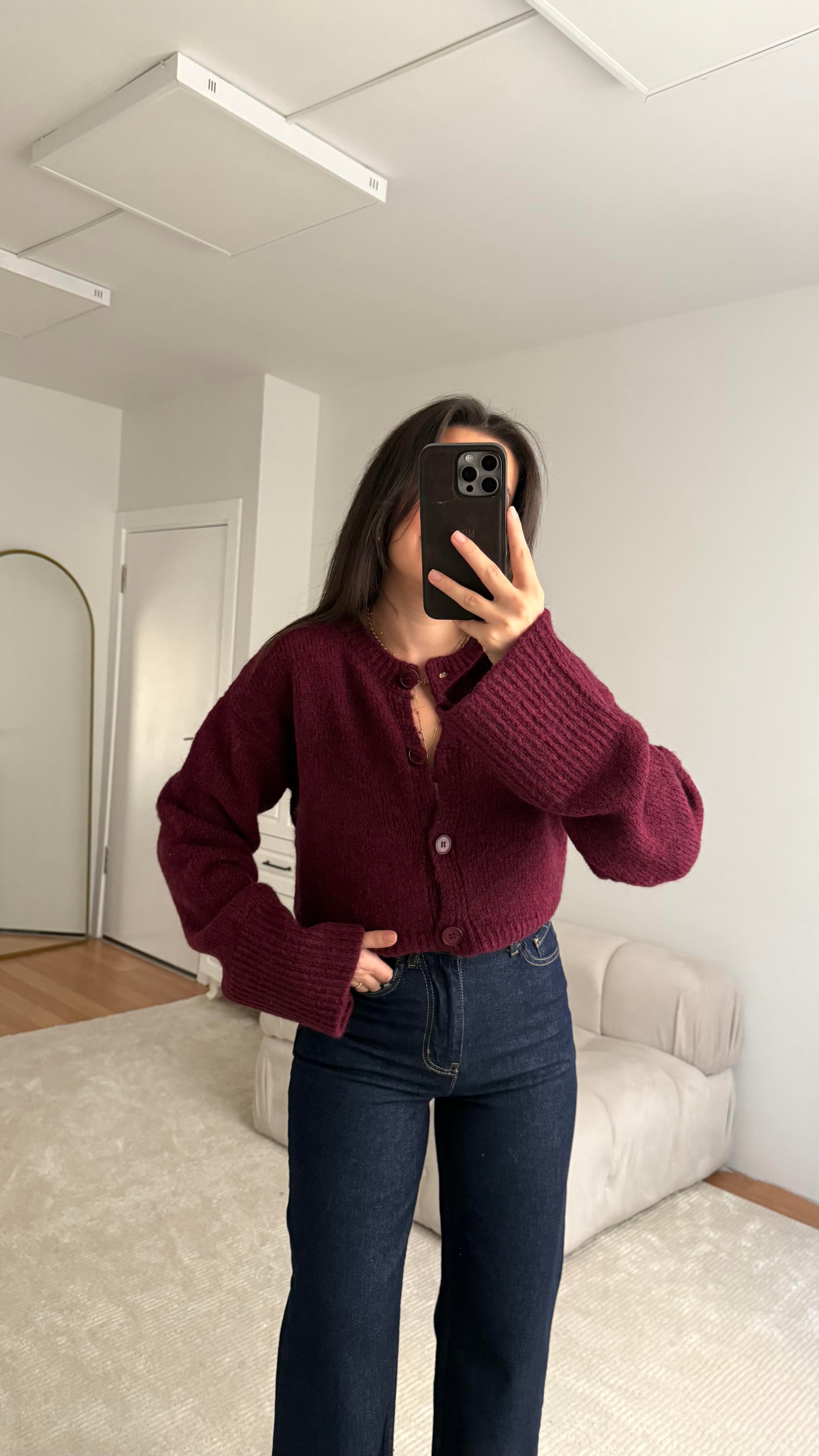 Bordo Bisiklet Yaka Basıc Hırka