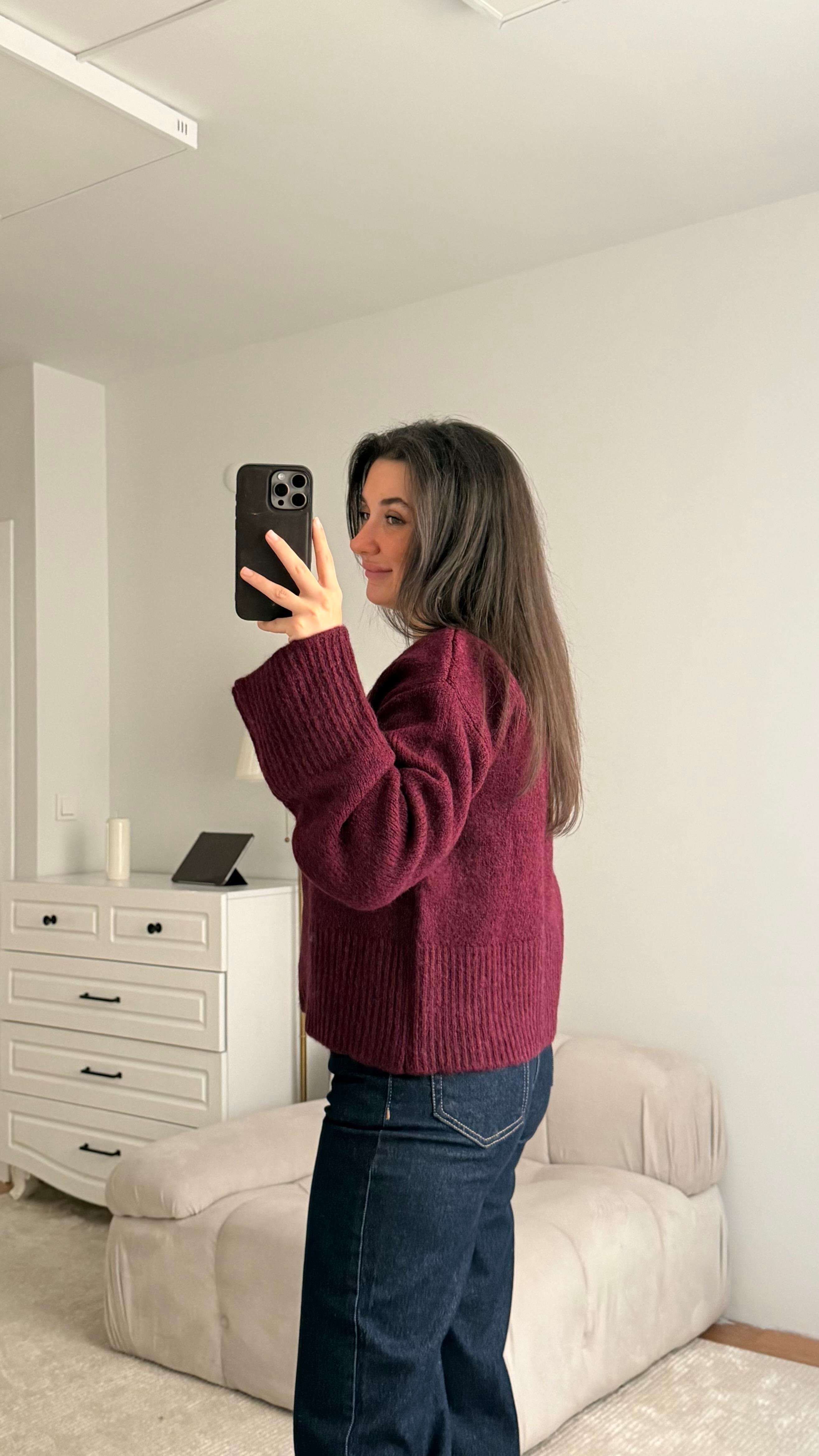 Bordo Bisiklet Yaka Basıc Hırka