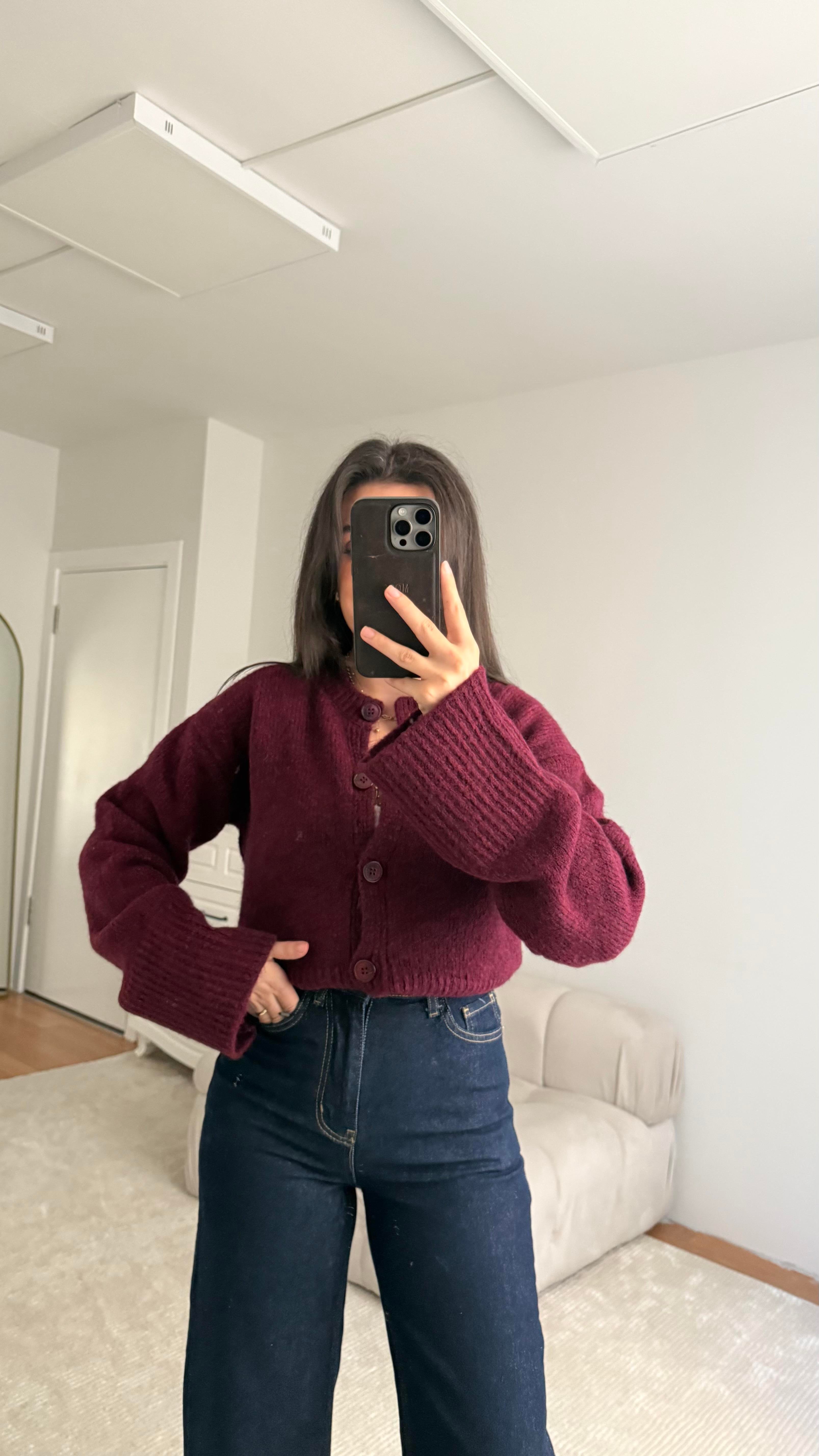 Bordo Bisiklet Yaka Basıc Hırka