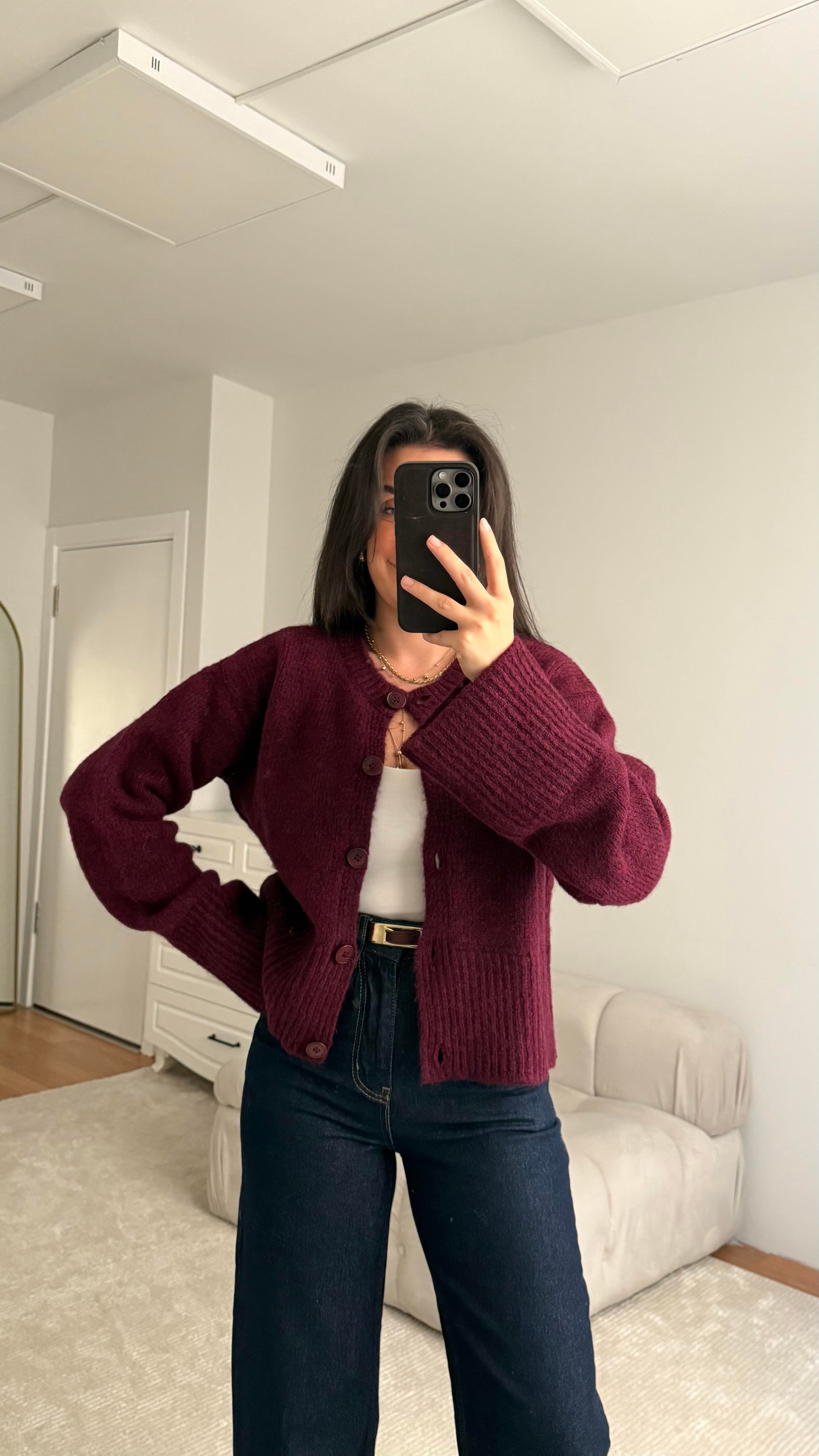 Bordo Bisiklet Yaka Basıc Hırka