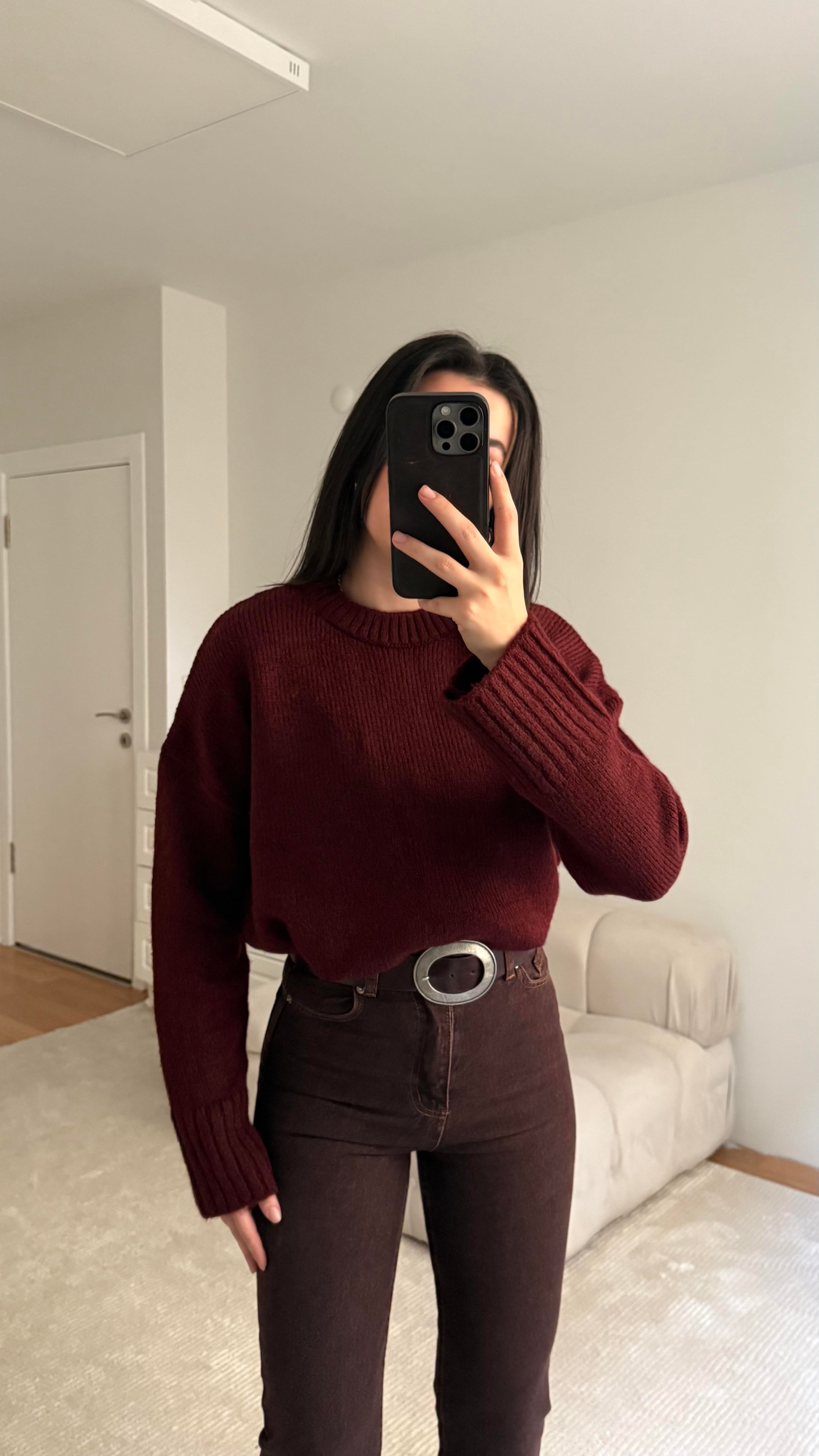 Bordo Bisiklet Yaka Oversize Triko