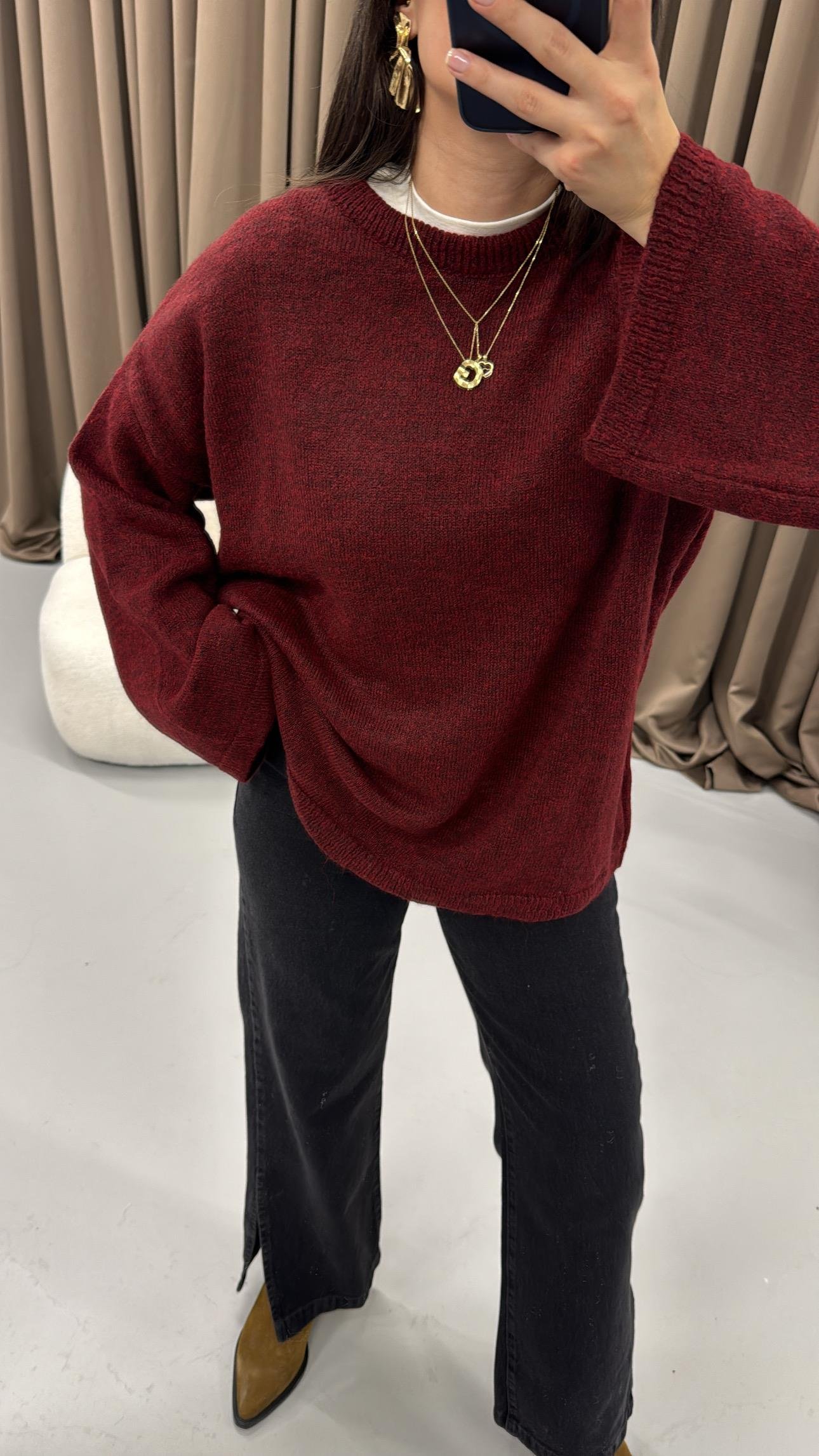 Bordo Bisiklet Yaka Oversize Triko Kazak