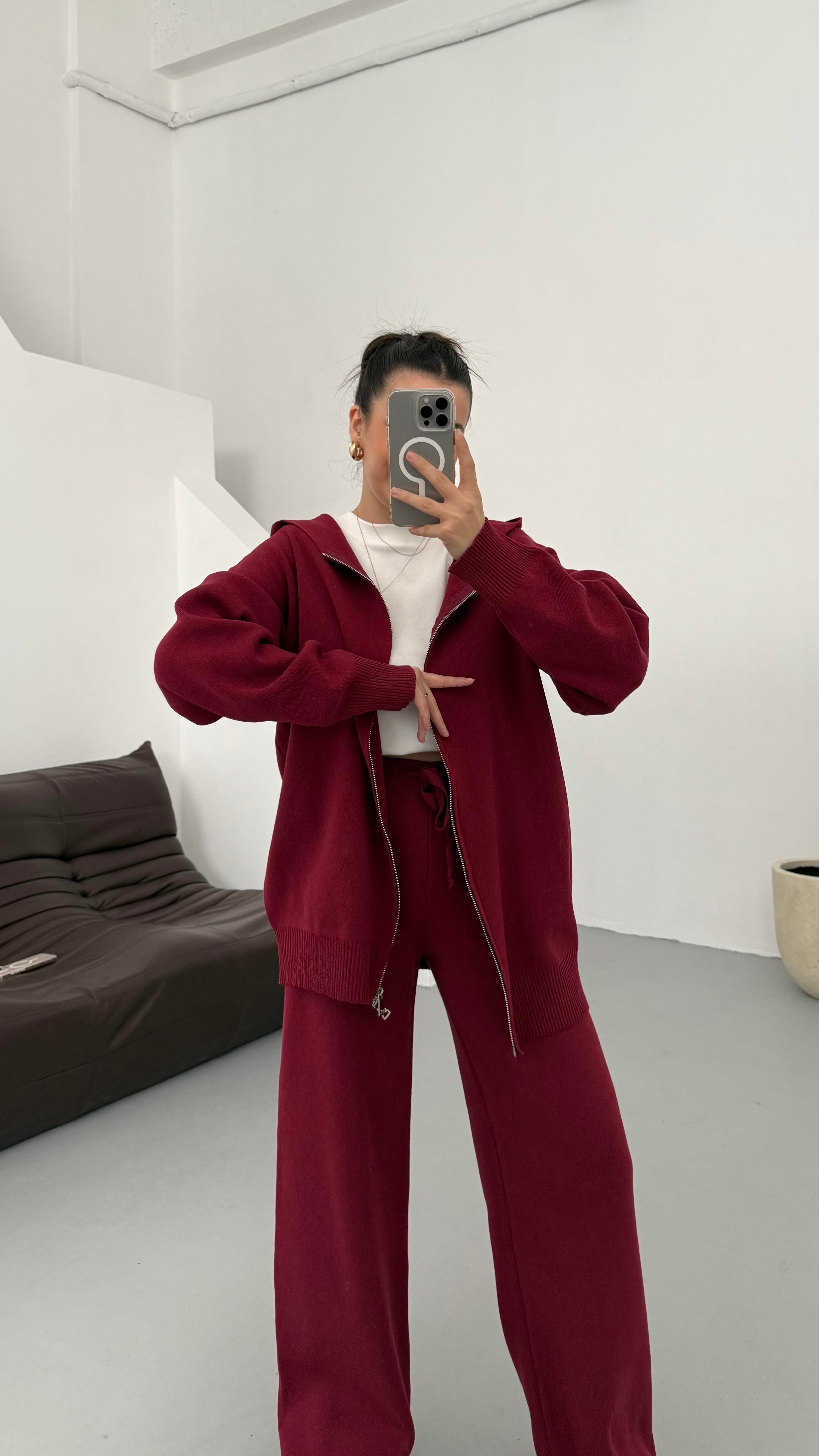 Bordo Çift Fermuar Çelik Örme Takım