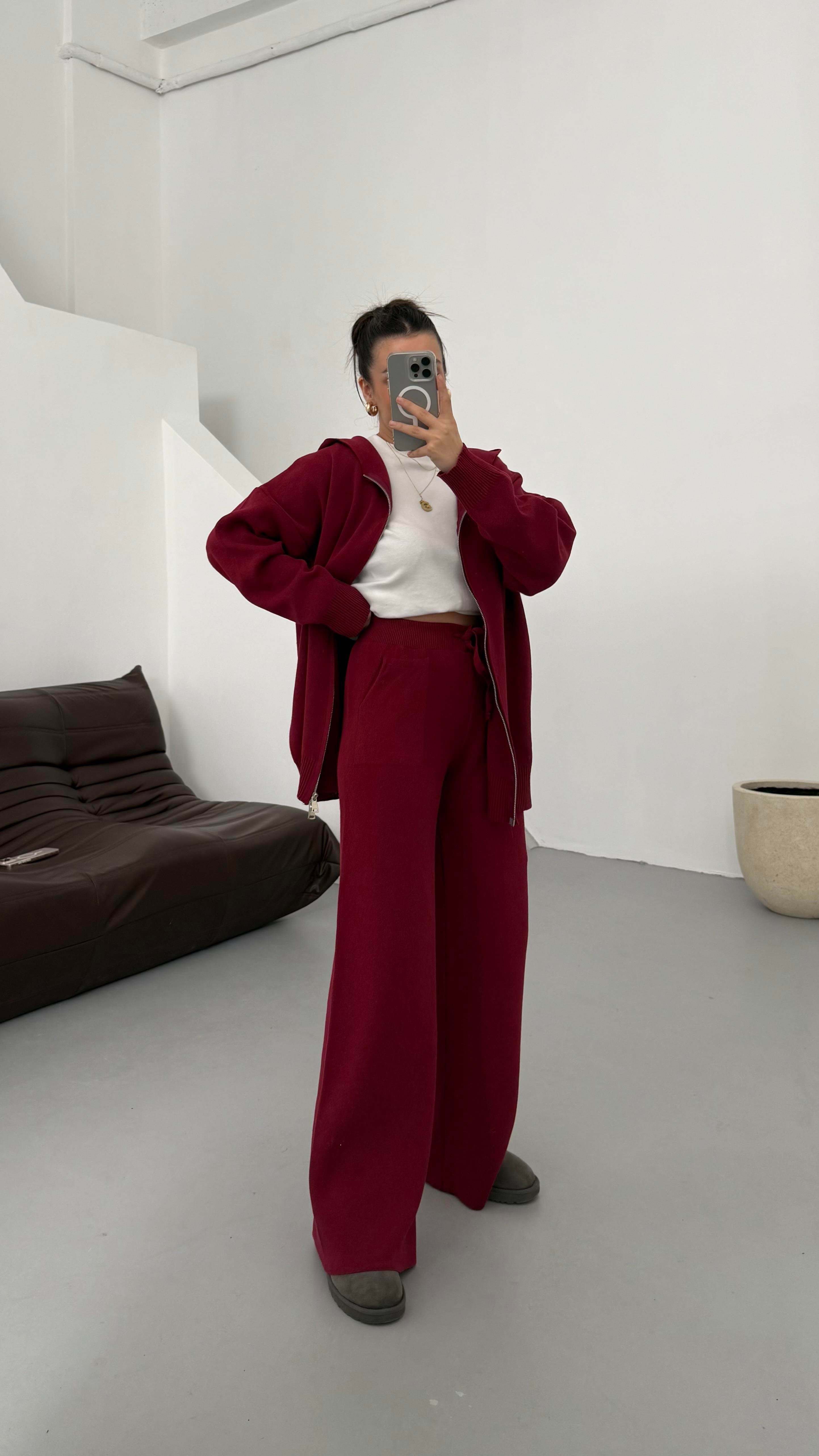 Bordo Çift Fermuar Çelik Örme Takım