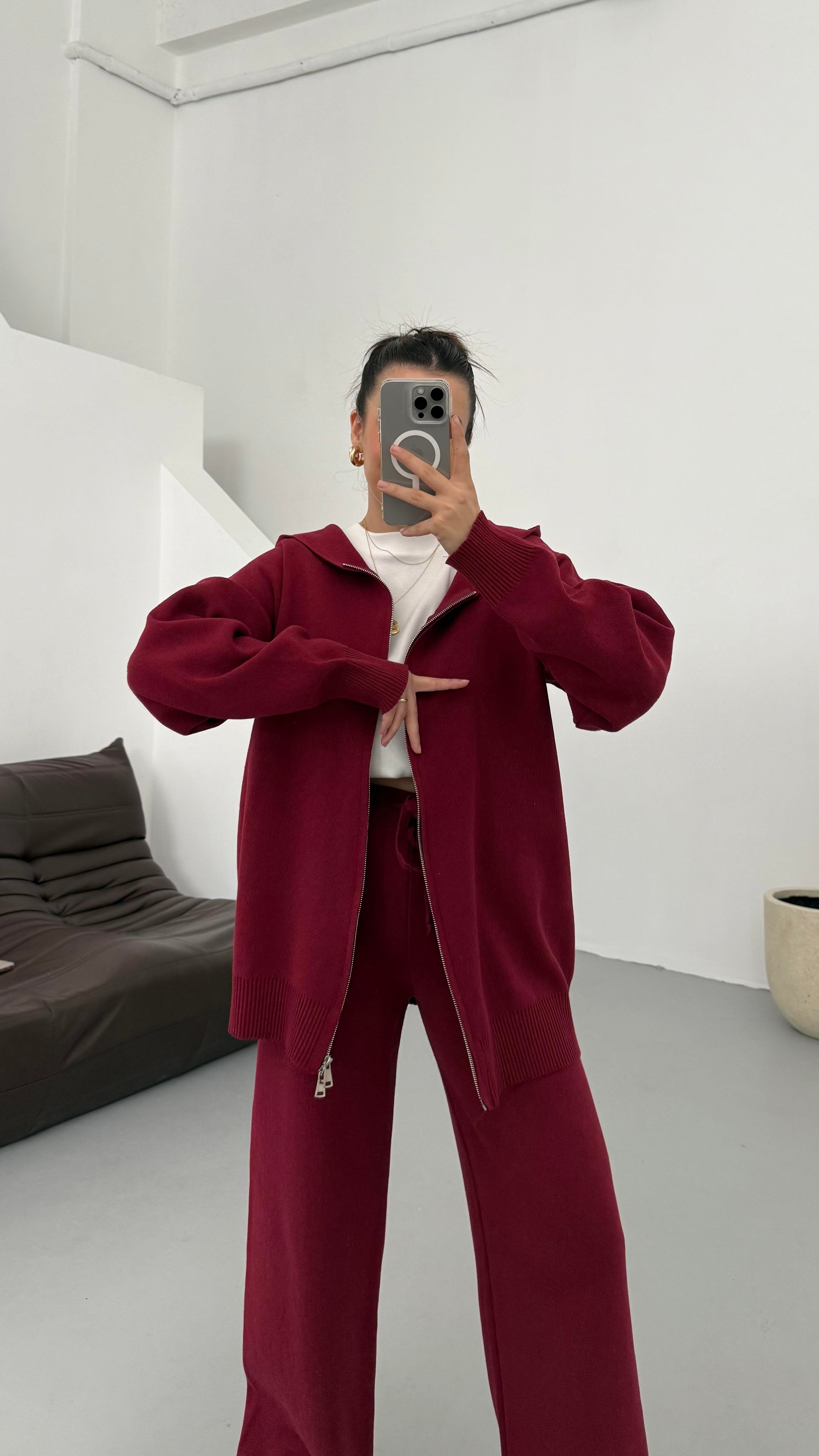 Bordo Çift Fermuar Çelik Örme Takım