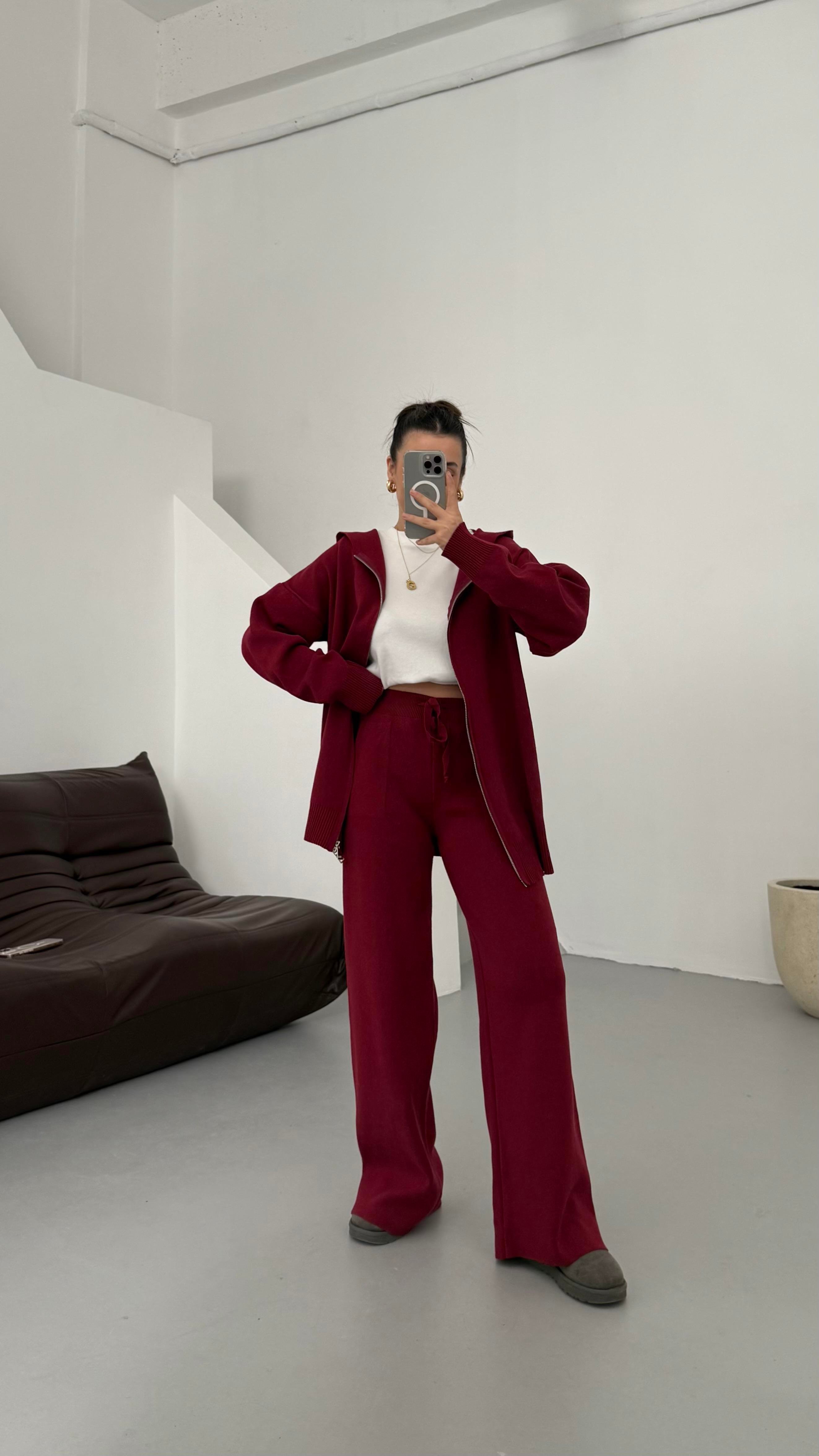 Bordo Çift Fermuar Çelik Örme Takım