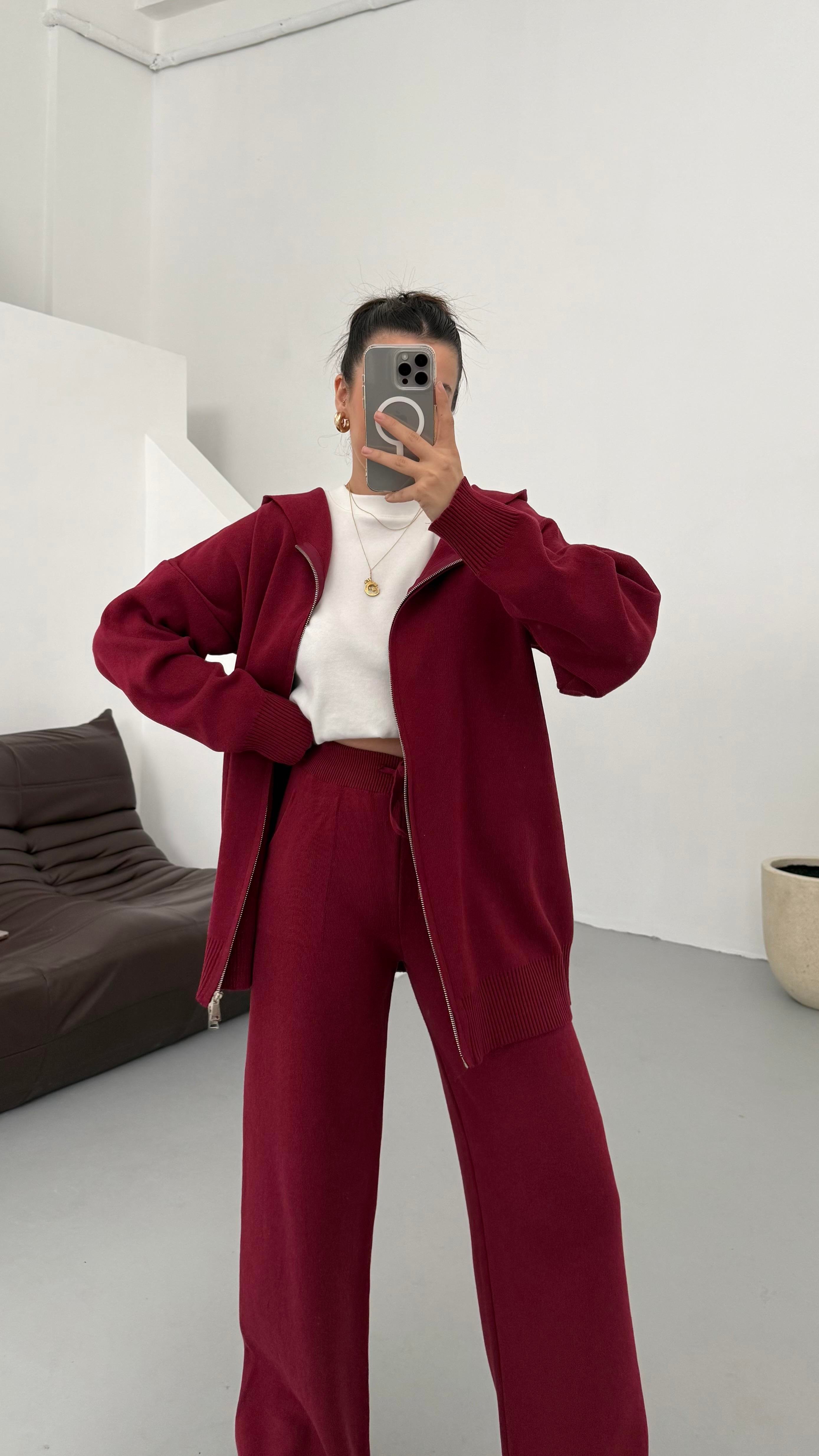 Bordo Çift Fermuar Çelik Örme Takım