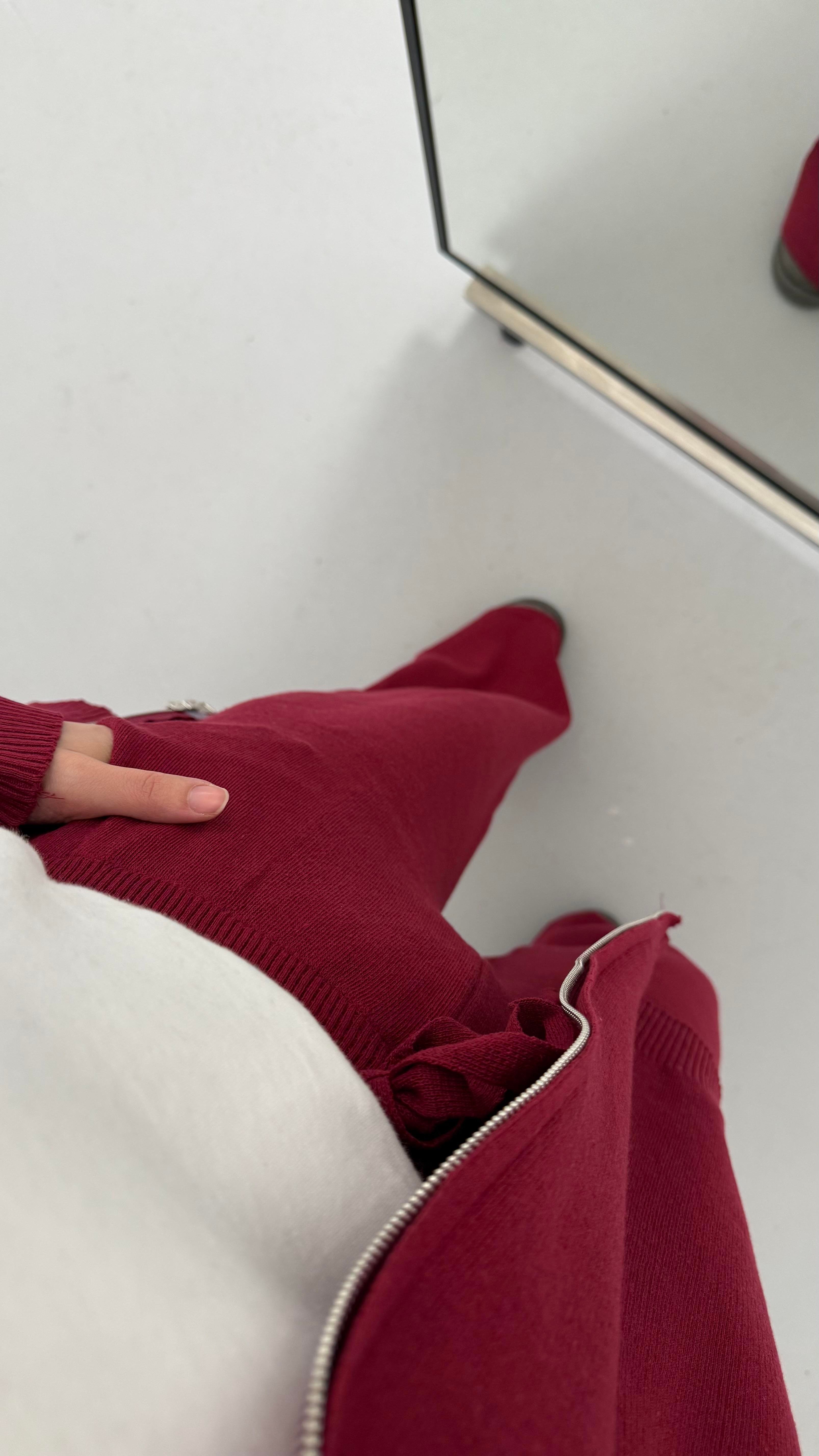 Bordo Çift Fermuar Çelik Örme Takım