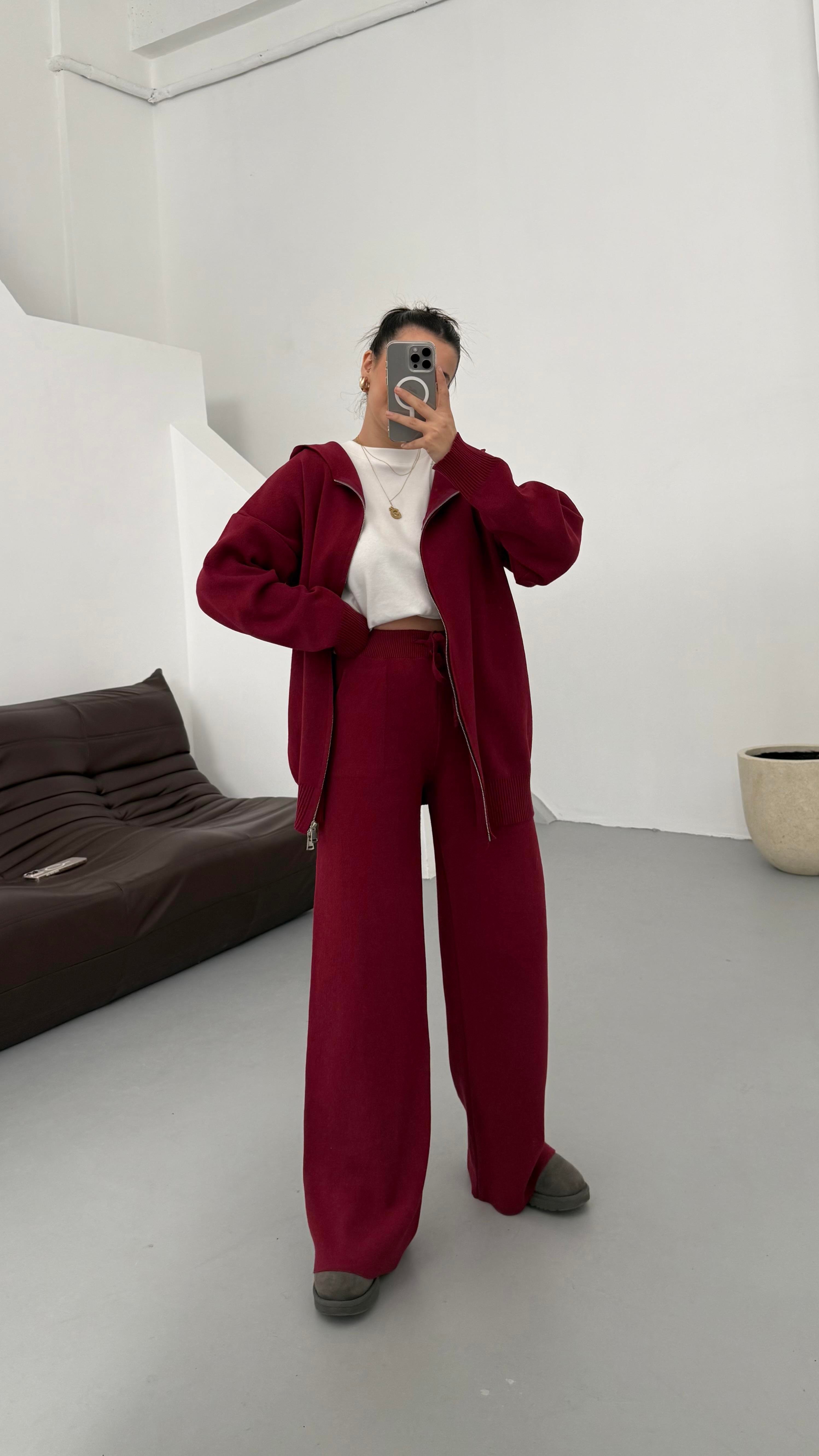 Bordo Çift Fermuar Çelik Örme Takım