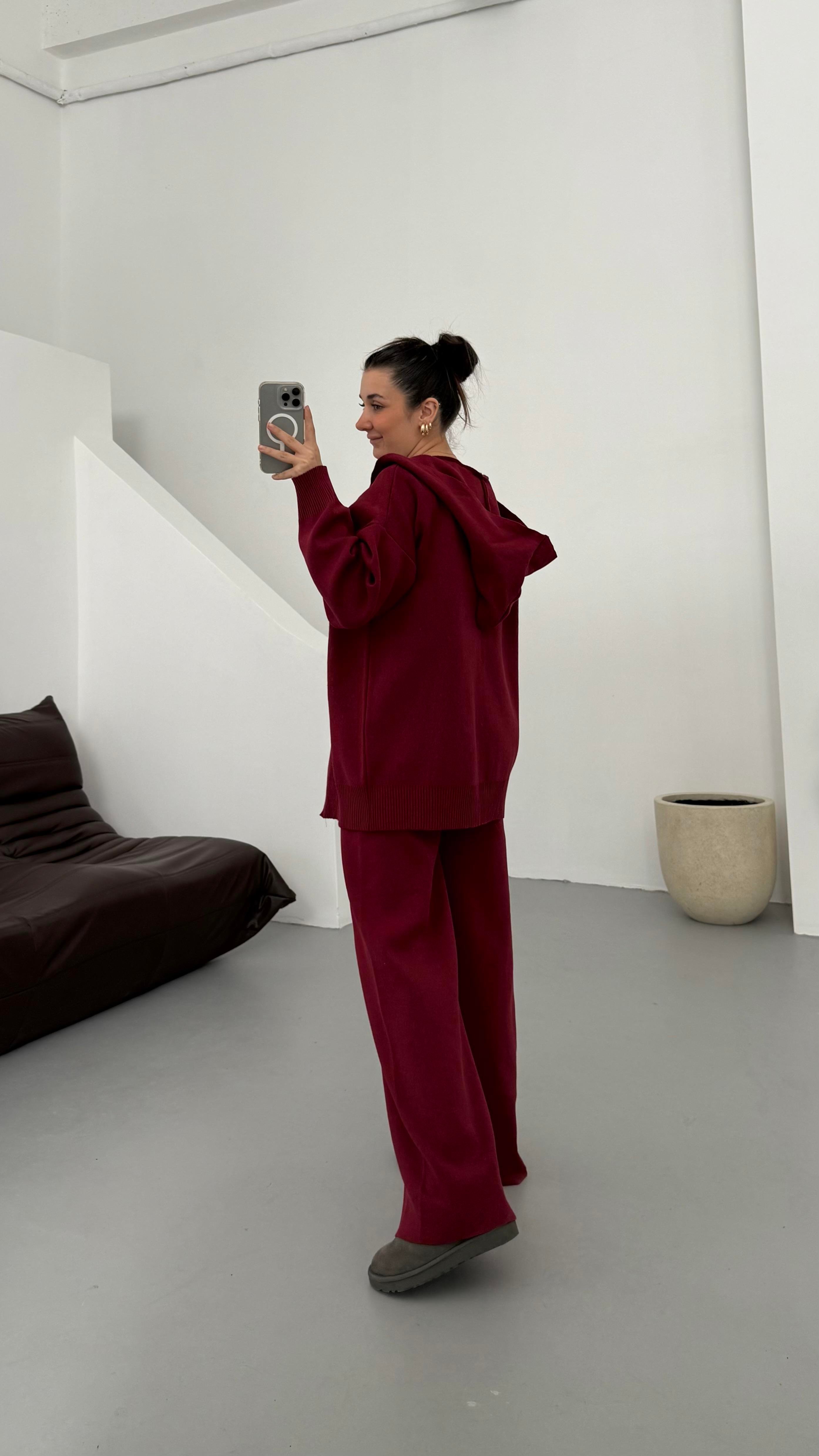 Bordo Çift Fermuar Çelik Örme Takım