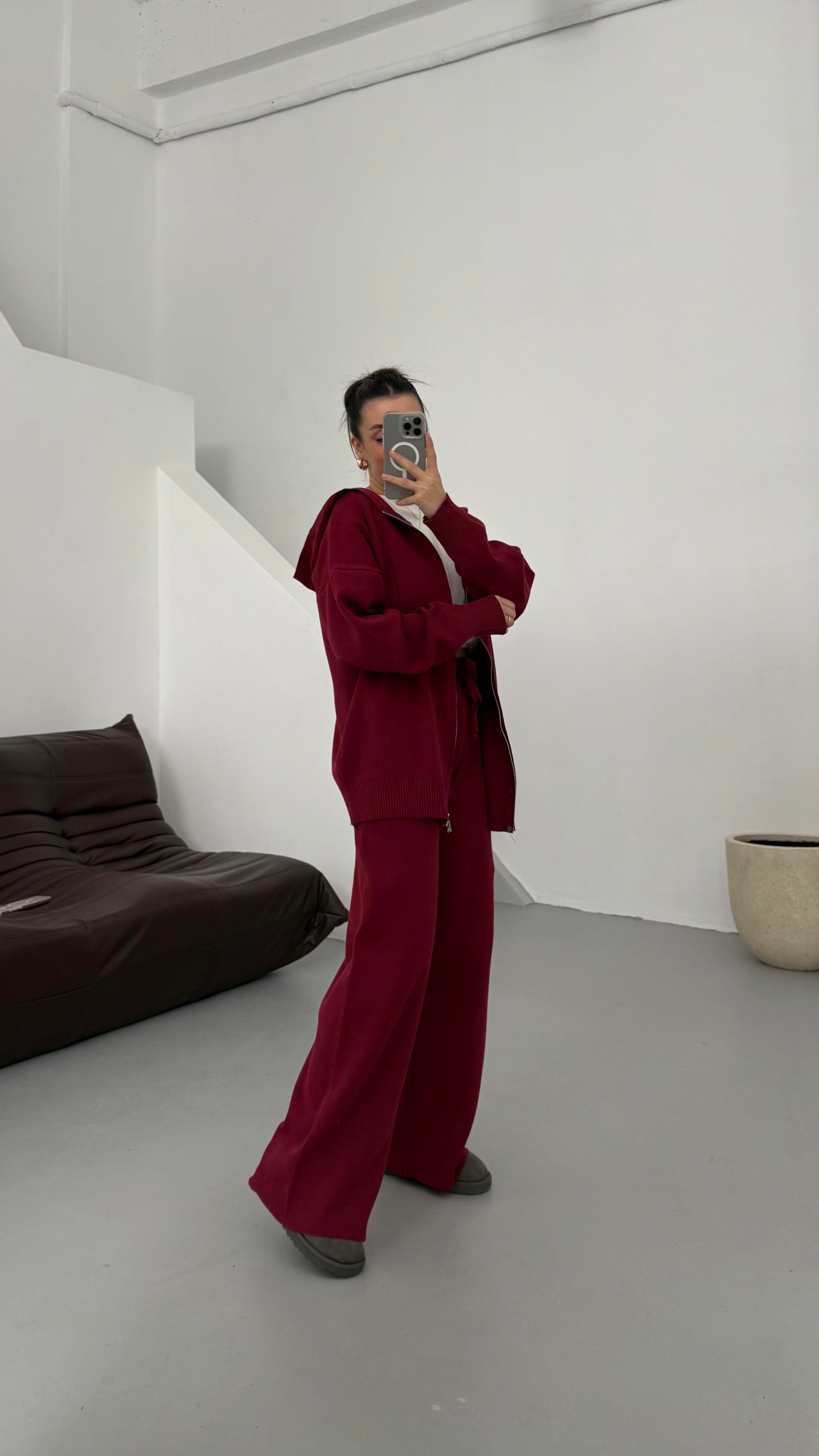 Bordo Çift Fermuar Çelik Örme Takım