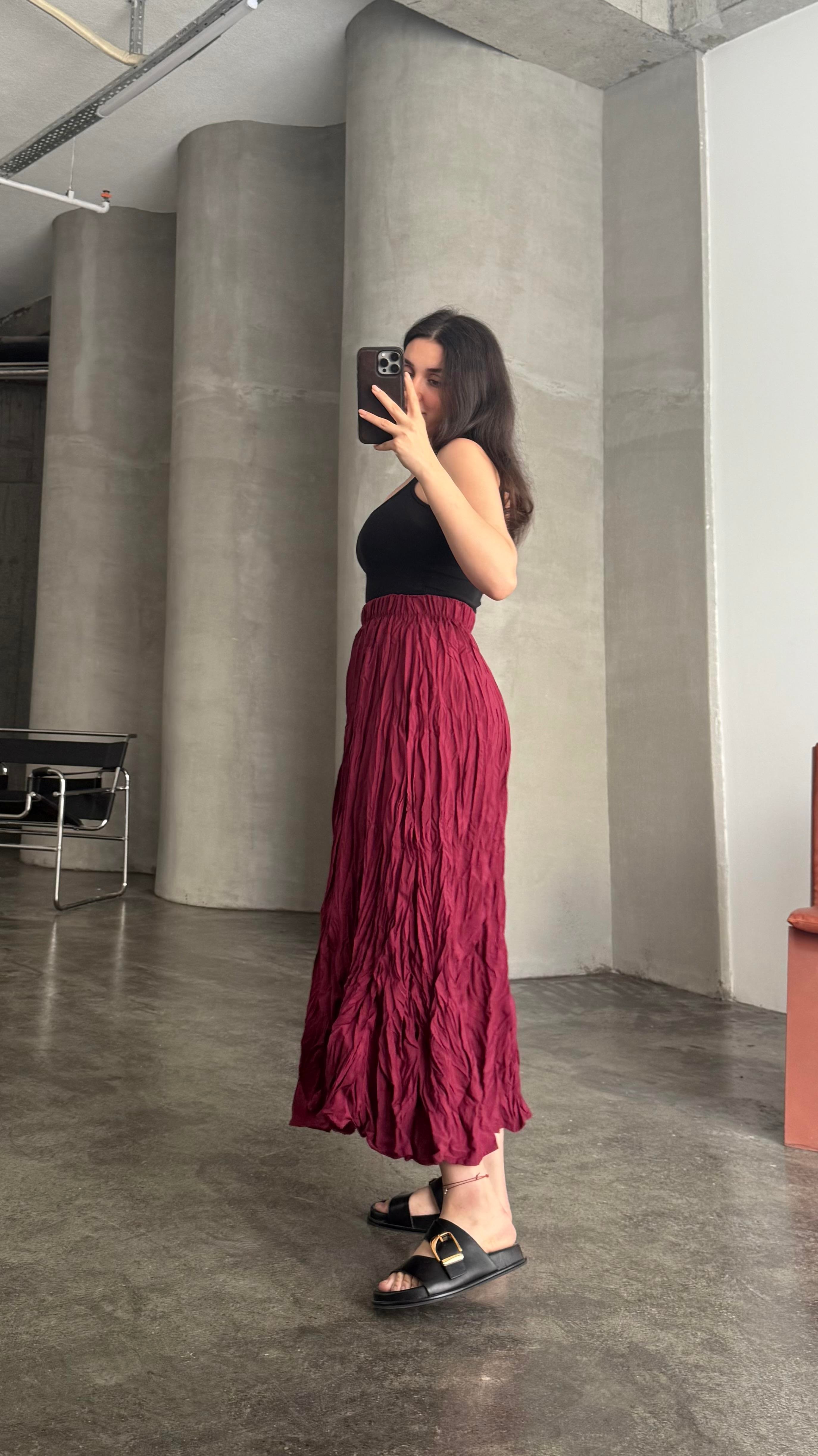 Bordo Crush Kırışık Efektli Midi Etek