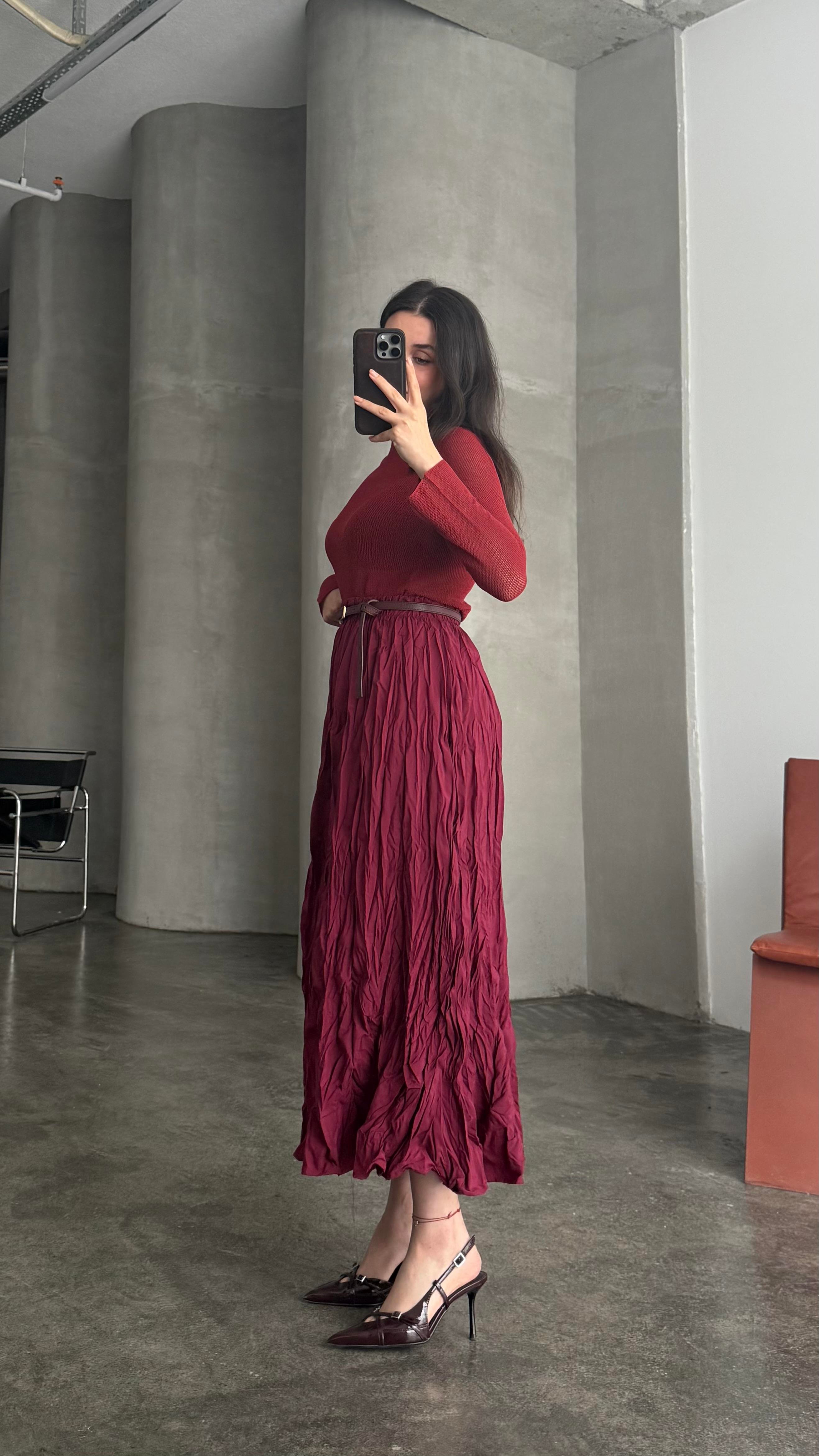 Bordo Crush Kırışık Efektli Midi Etek