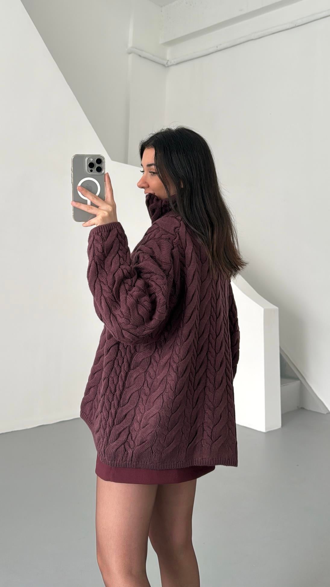 Bordo Fermuarlı Saç Örme Kazak