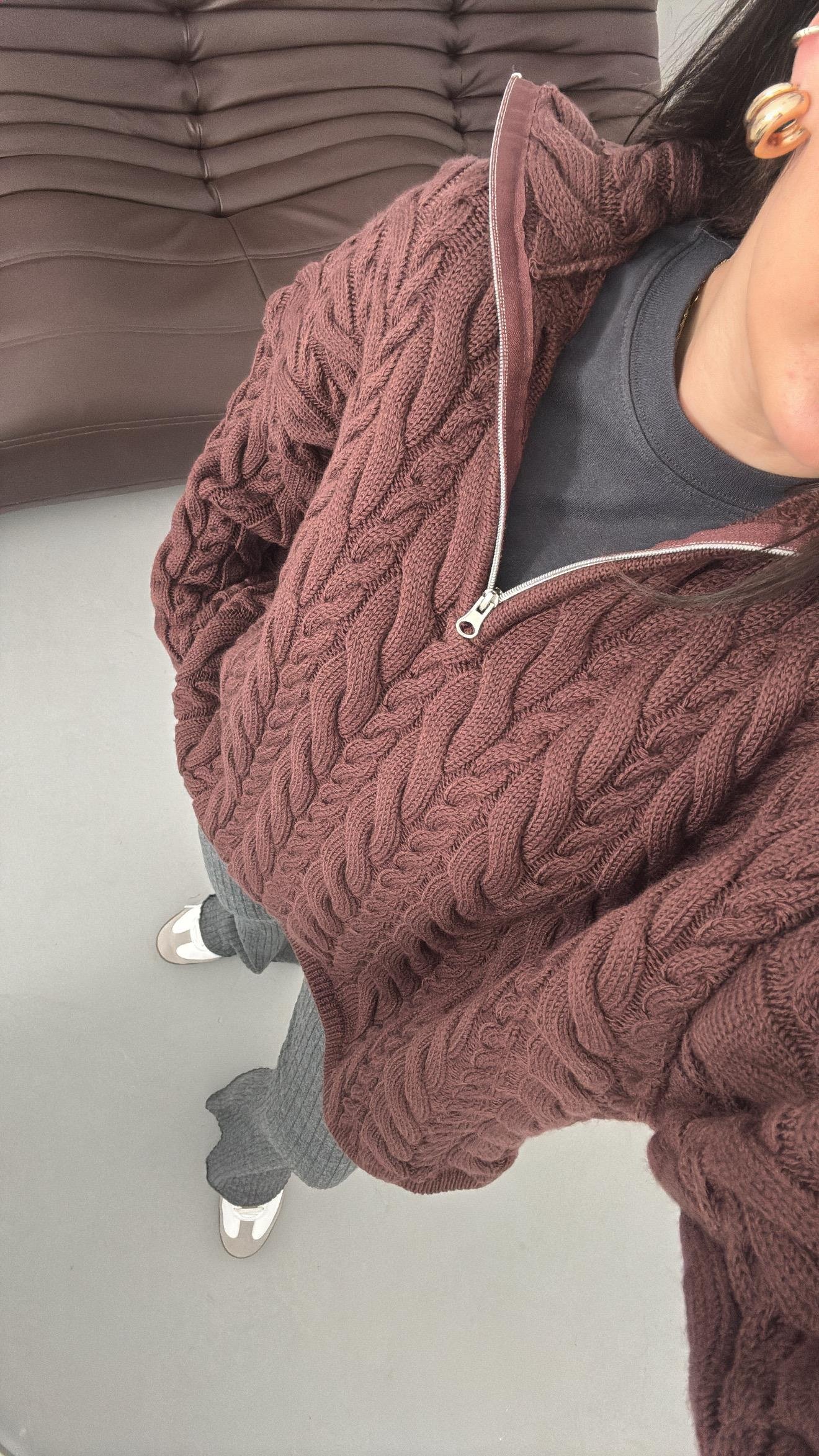 Bordo Fermuarlı Saç Örme Kazak