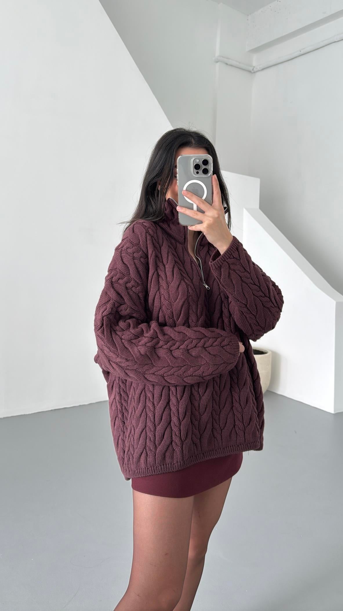 Bordo Fermuarlı Saç Örme Kazak