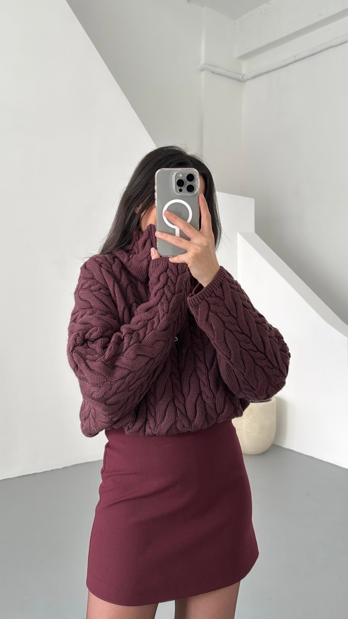 Bordo Fermuarlı Saç Örme Kazak