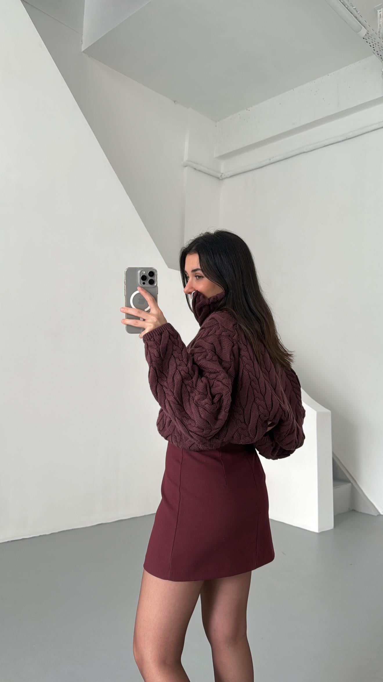 Bordo Fermuarlı Saç Örme Kazak