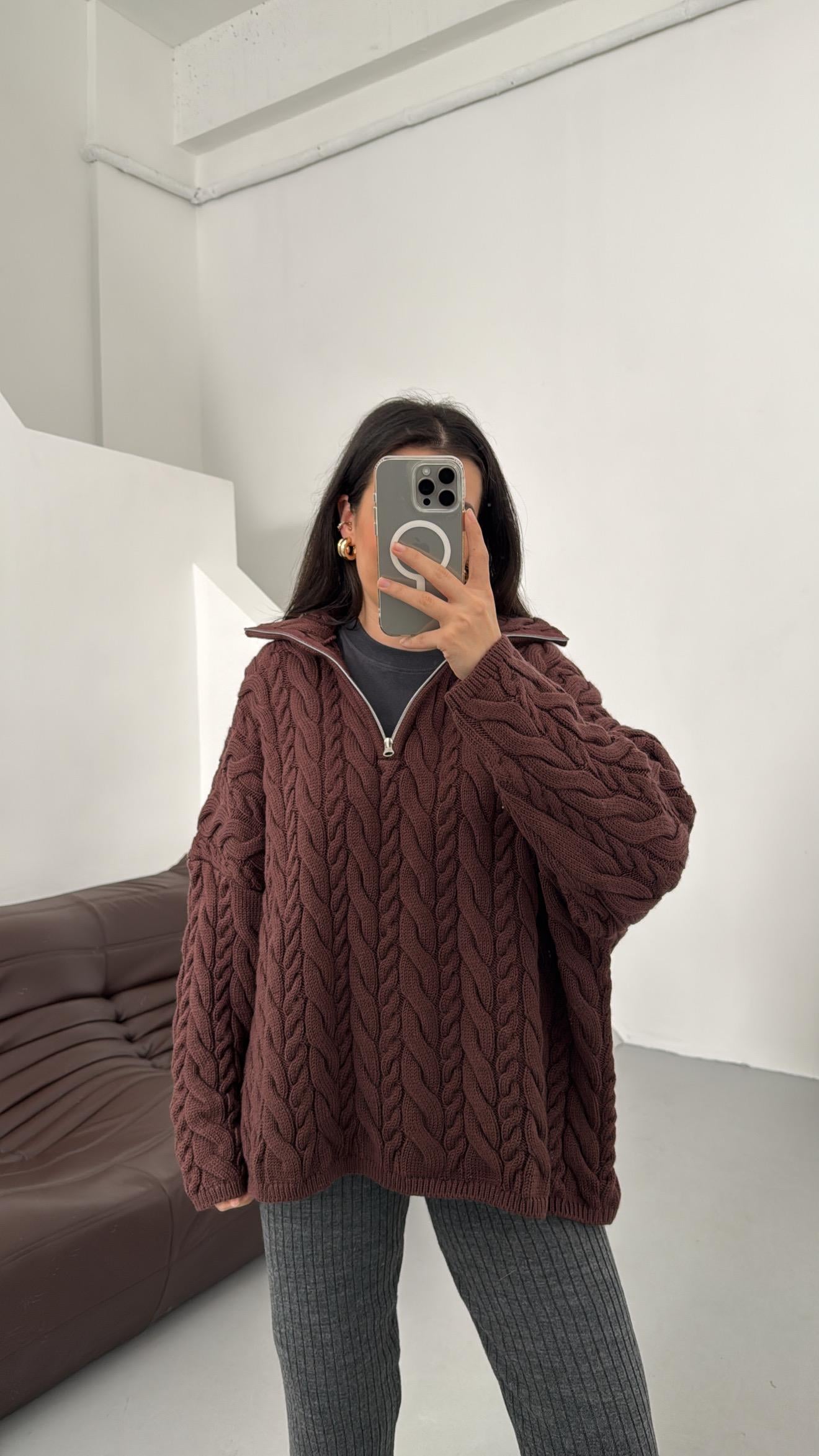 Bordo Fermuarlı Saç Örme Kazak