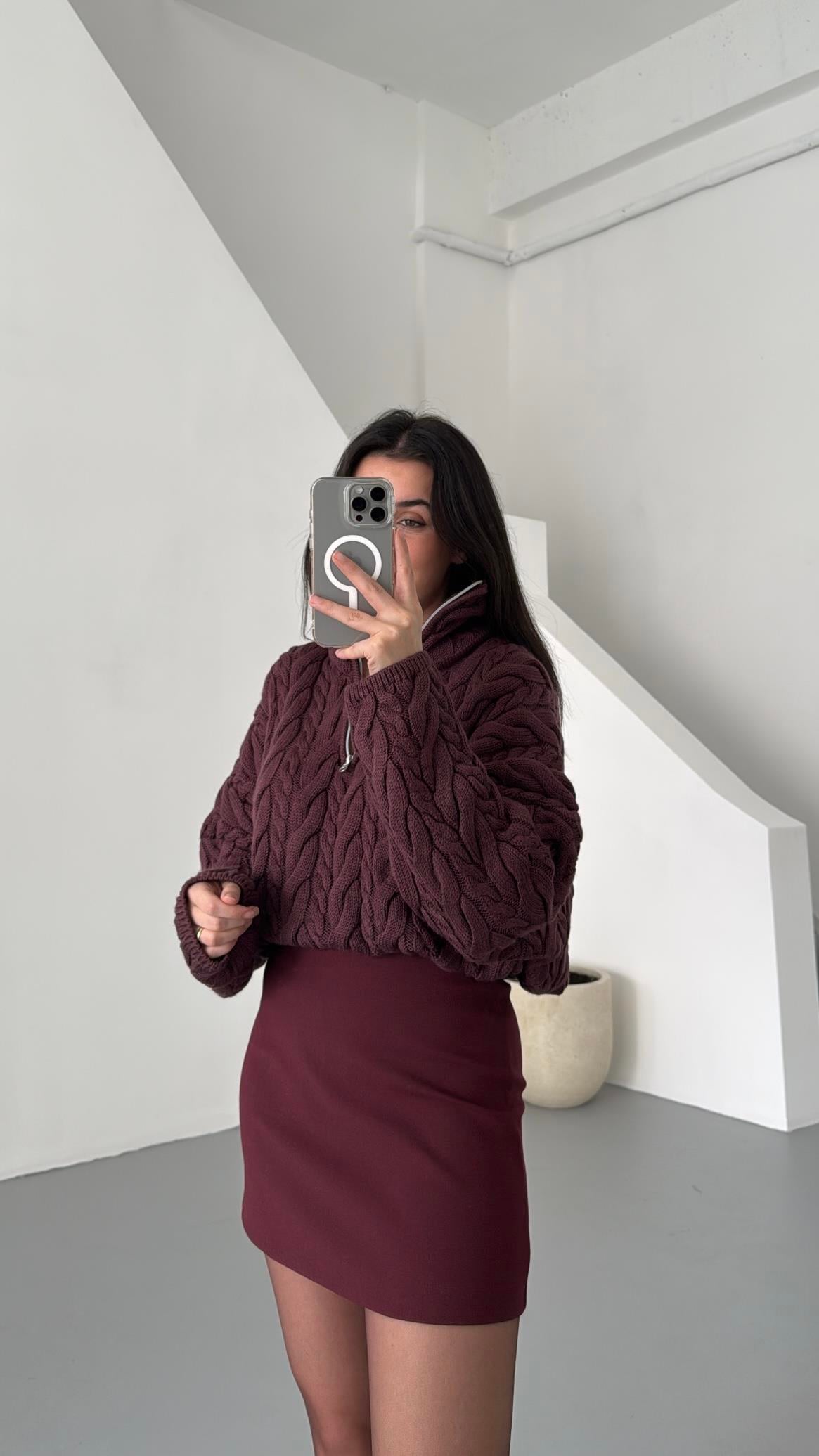 Bordo Fermuarlı Saç Örme Kazak