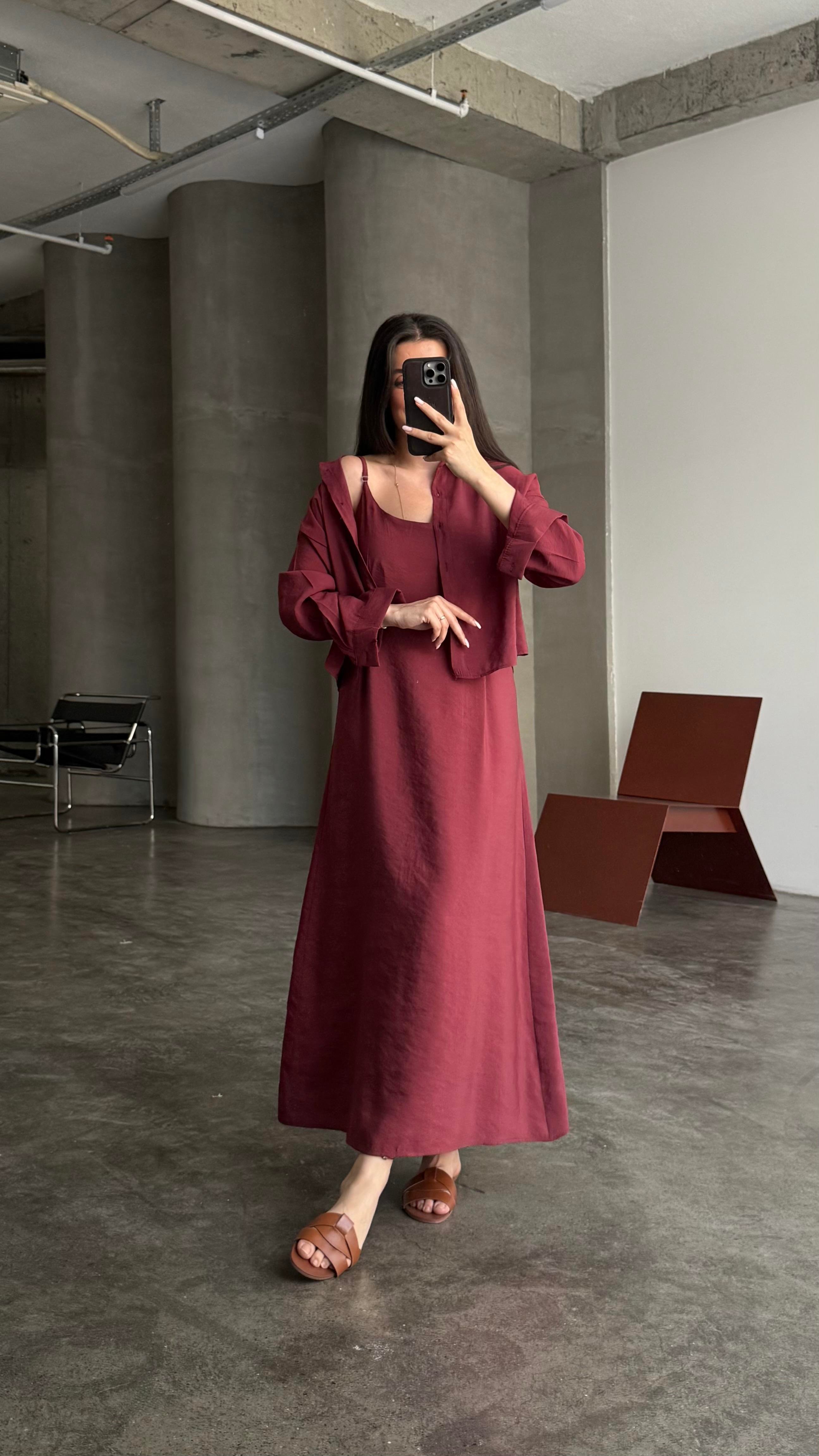 Bordo Gömlekli İp Askılı Elbise Tensel Takım