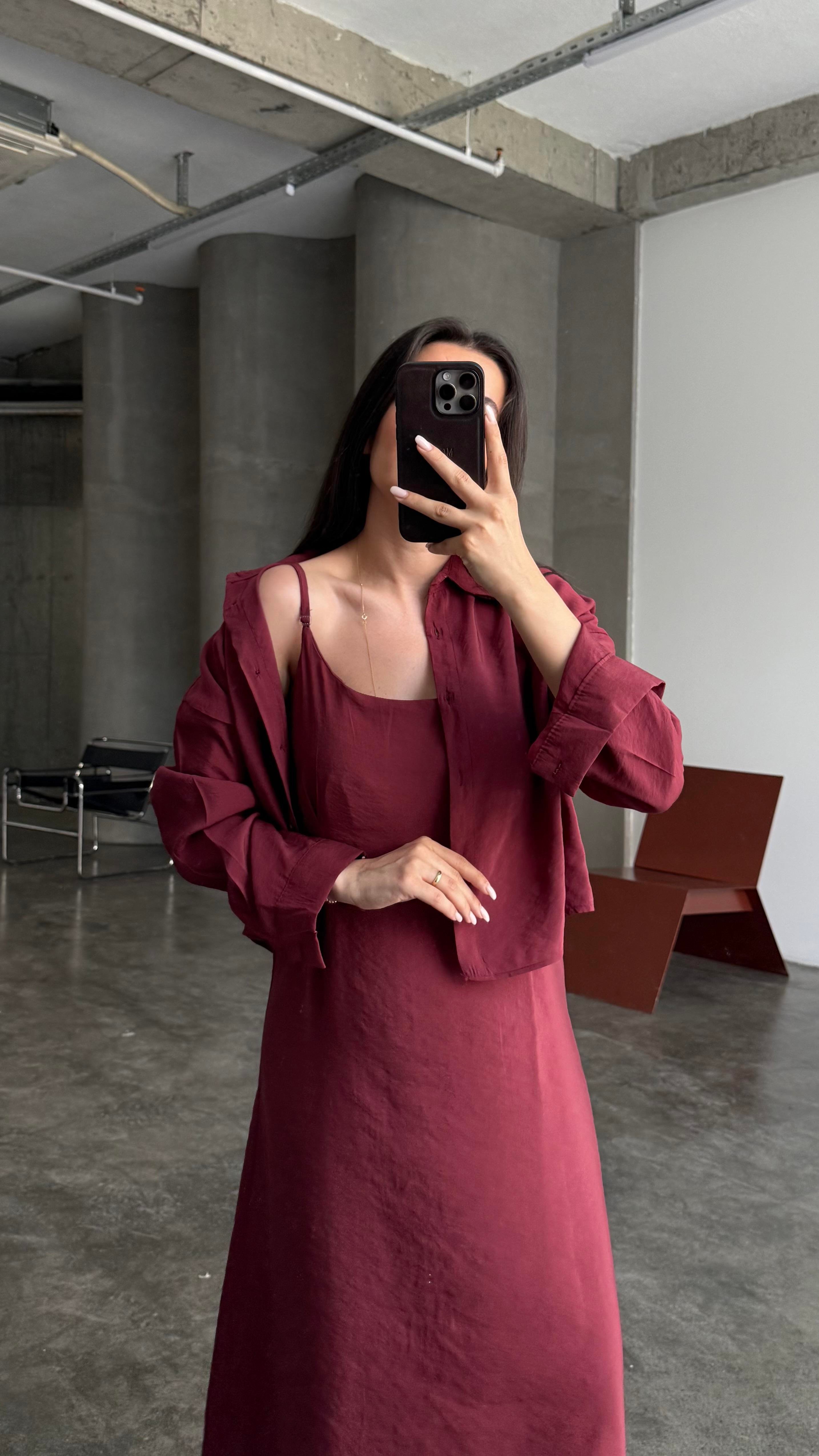 Bordo Gömlekli İp Askılı Elbise Tensel Takım