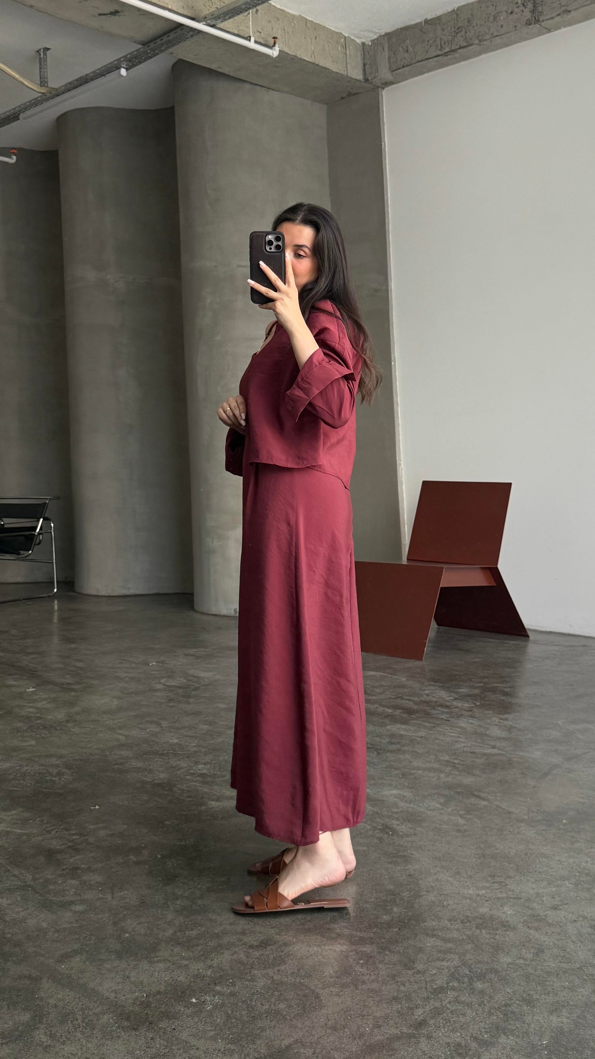 Bordo Gömlekli İp Askılı Elbise Tensel Takım