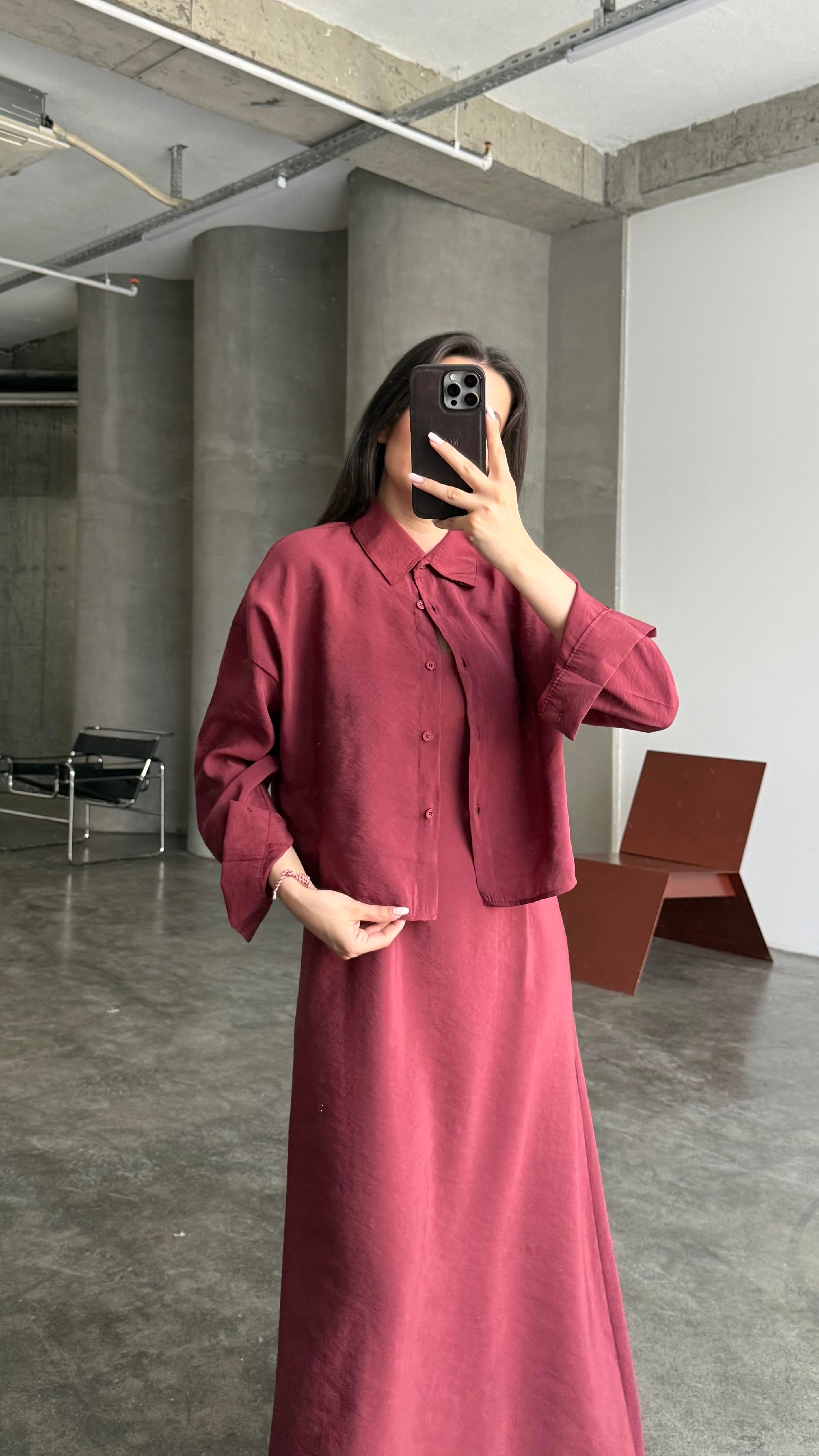 Bordo Gömlekli İp Askılı Elbise Tensel Takım