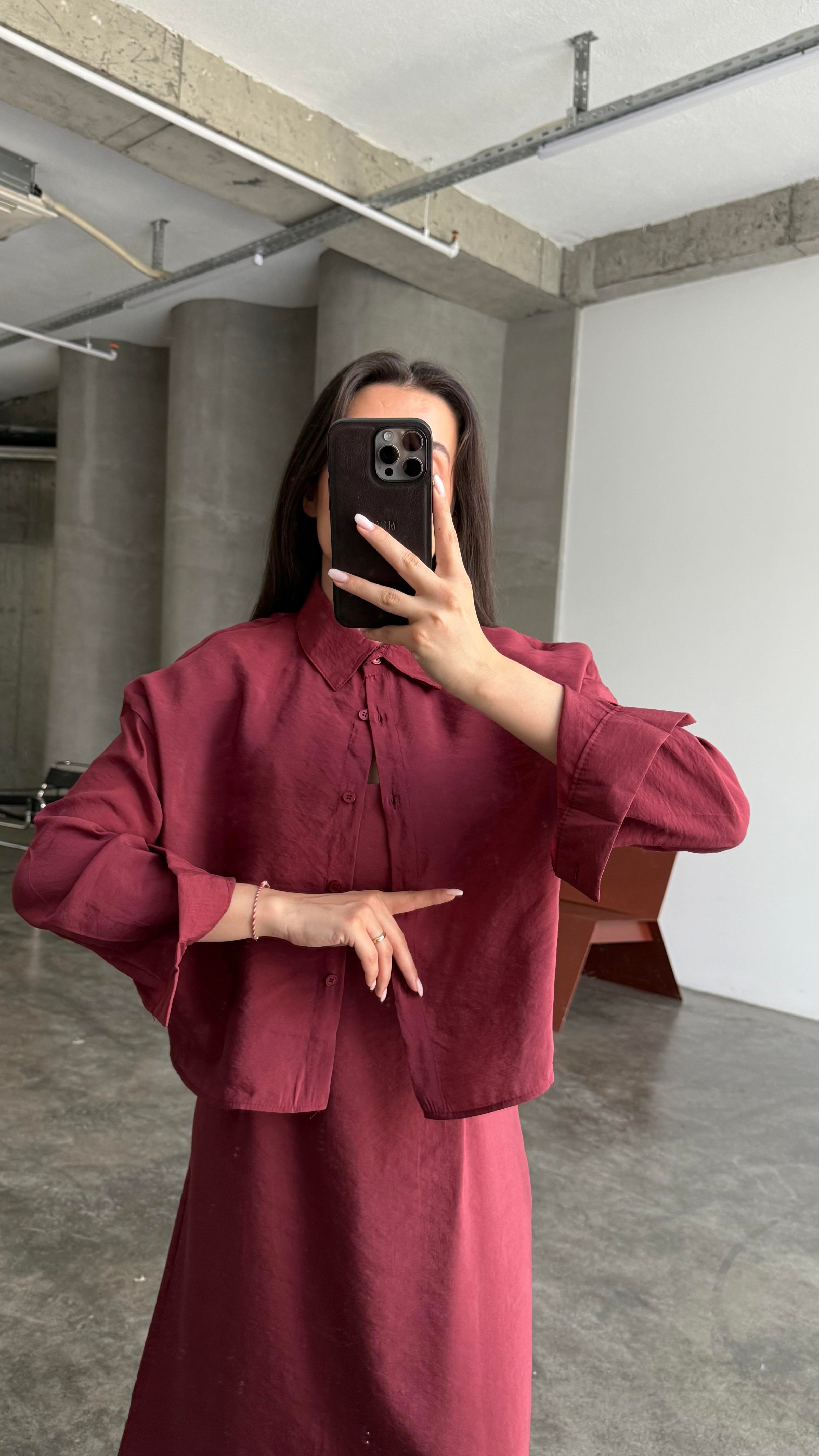 Bordo Gömlekli İp Askılı Elbise Tensel Takım