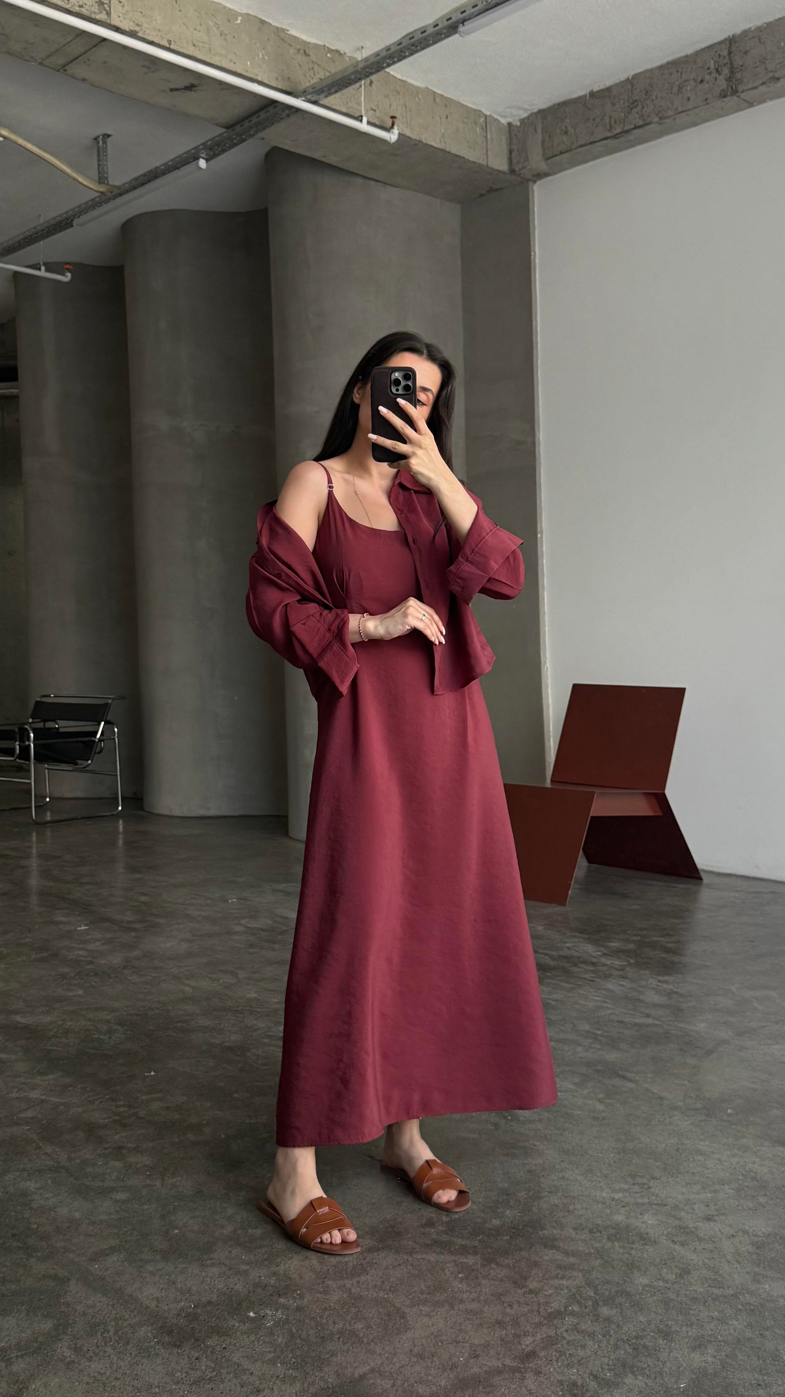 Bordo Gömlekli İp Askılı Elbise Tensel Takım