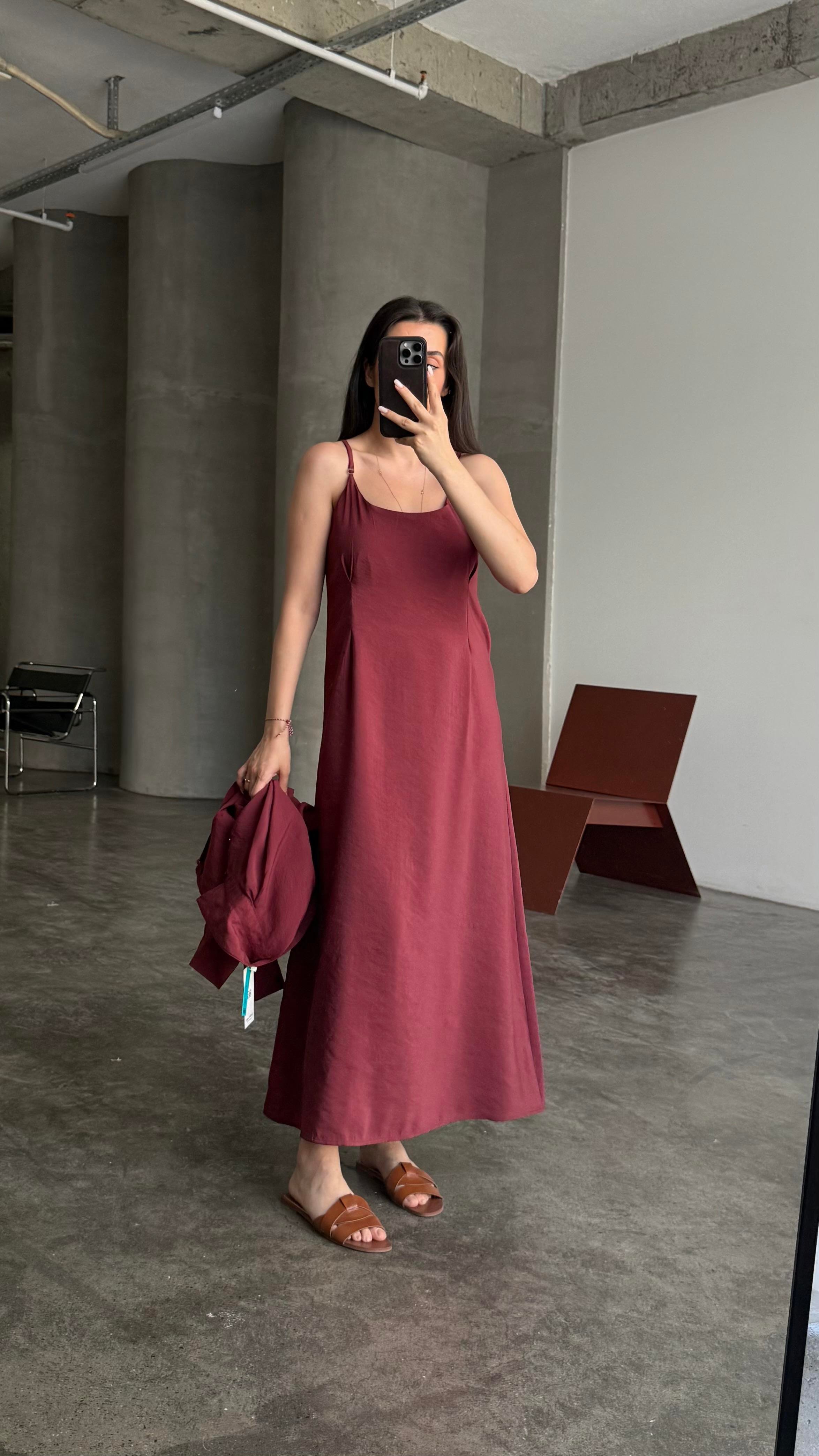 Bordo Gömlekli İp Askılı Elbise Tensel Takım
